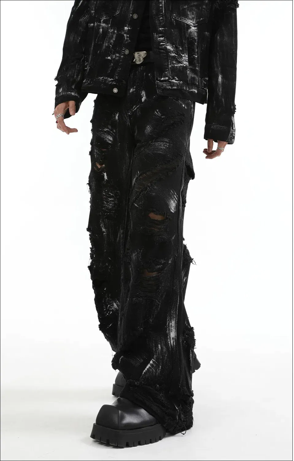 【24s Oct.】 Ink Splash Deconstructed Ripped Denim Set