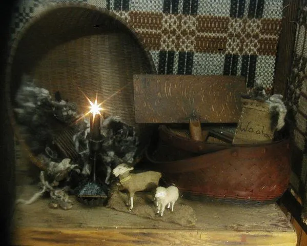 Antique Primitive Wool Carders Spinning Tool with Painted Basket and Roving Wool Bag Gathering