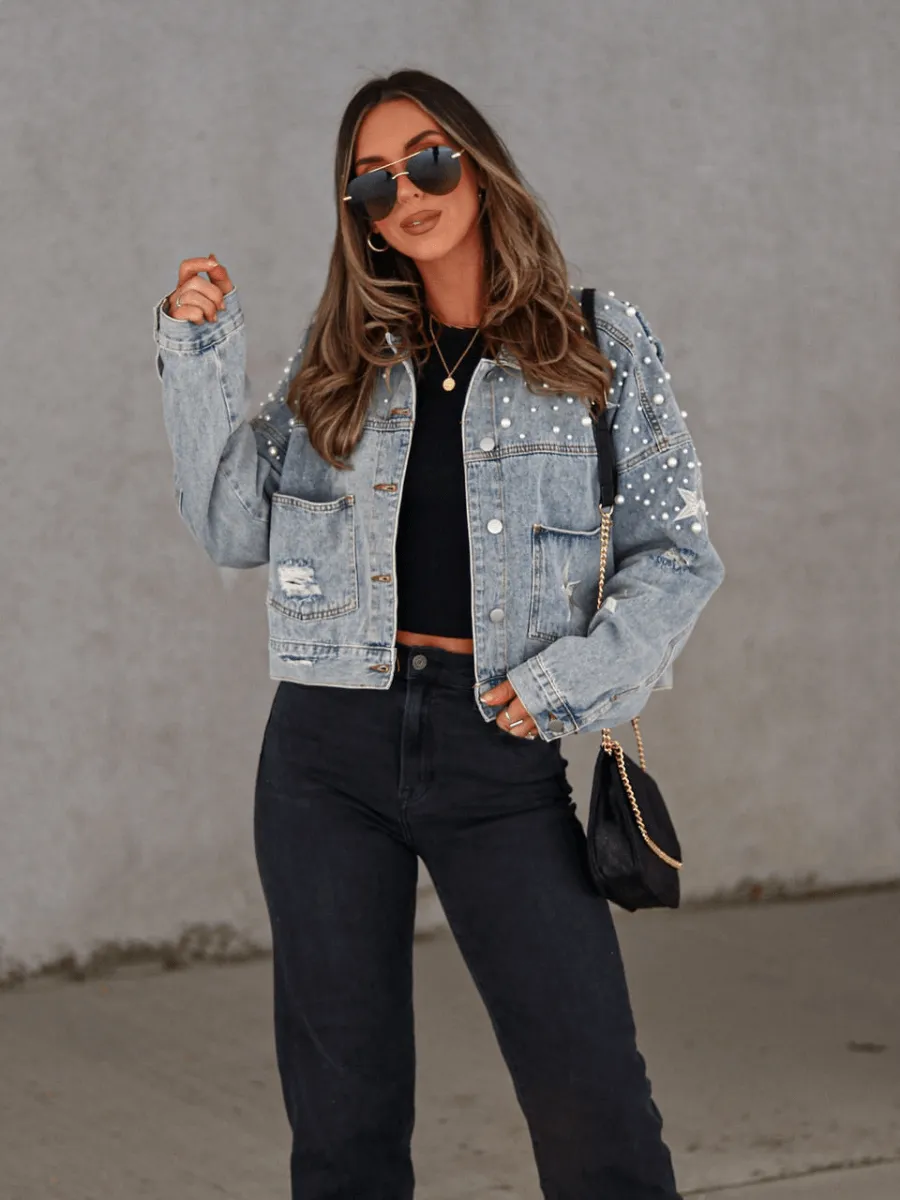 ASHTON PEARL STAR EMBROIDERED DENIM JACKET