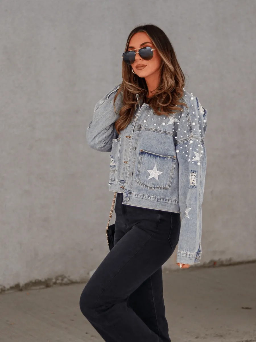 ASHTON PEARL STAR EMBROIDERED DENIM JACKET