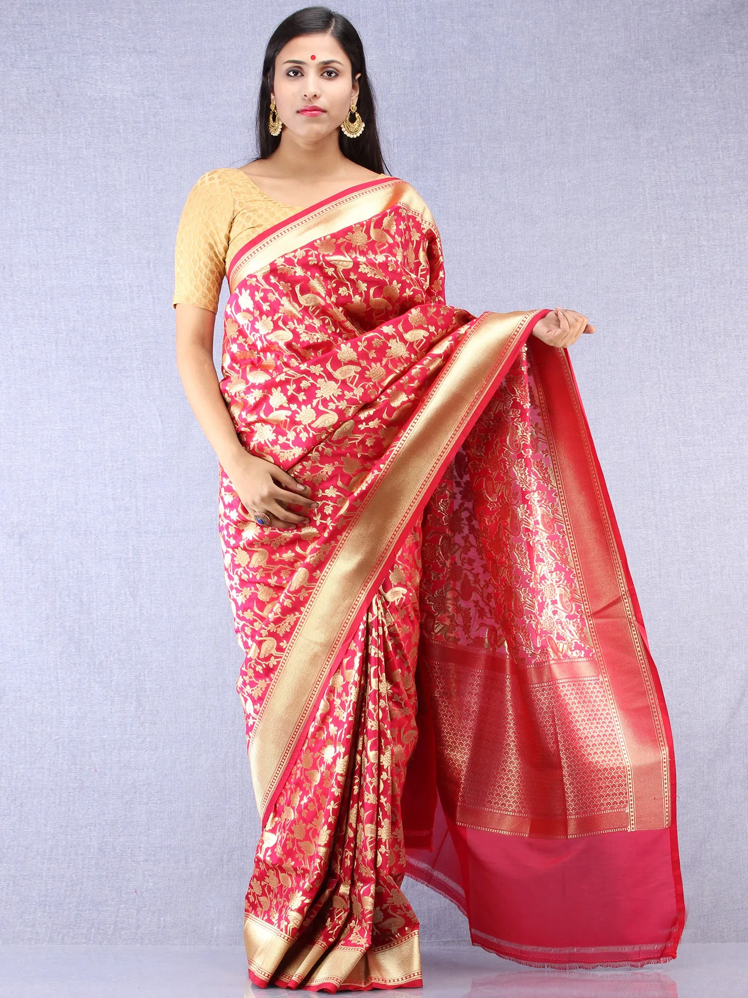 Banarasee Art Silk Saree With Bird Motif - Magenta & Gold- S031704335