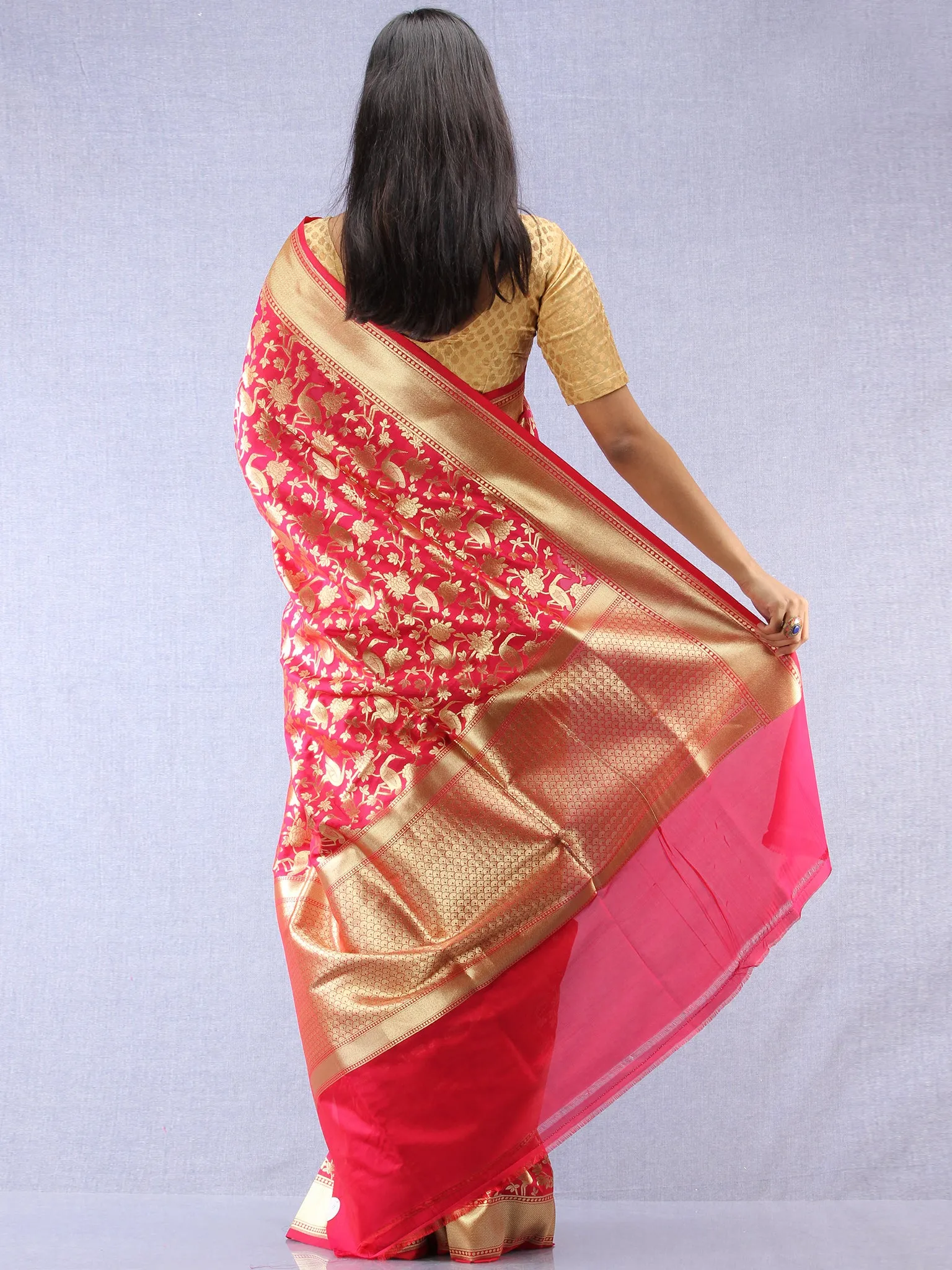 Banarasee Art Silk Saree With Bird Motif - Magenta & Gold- S031704335