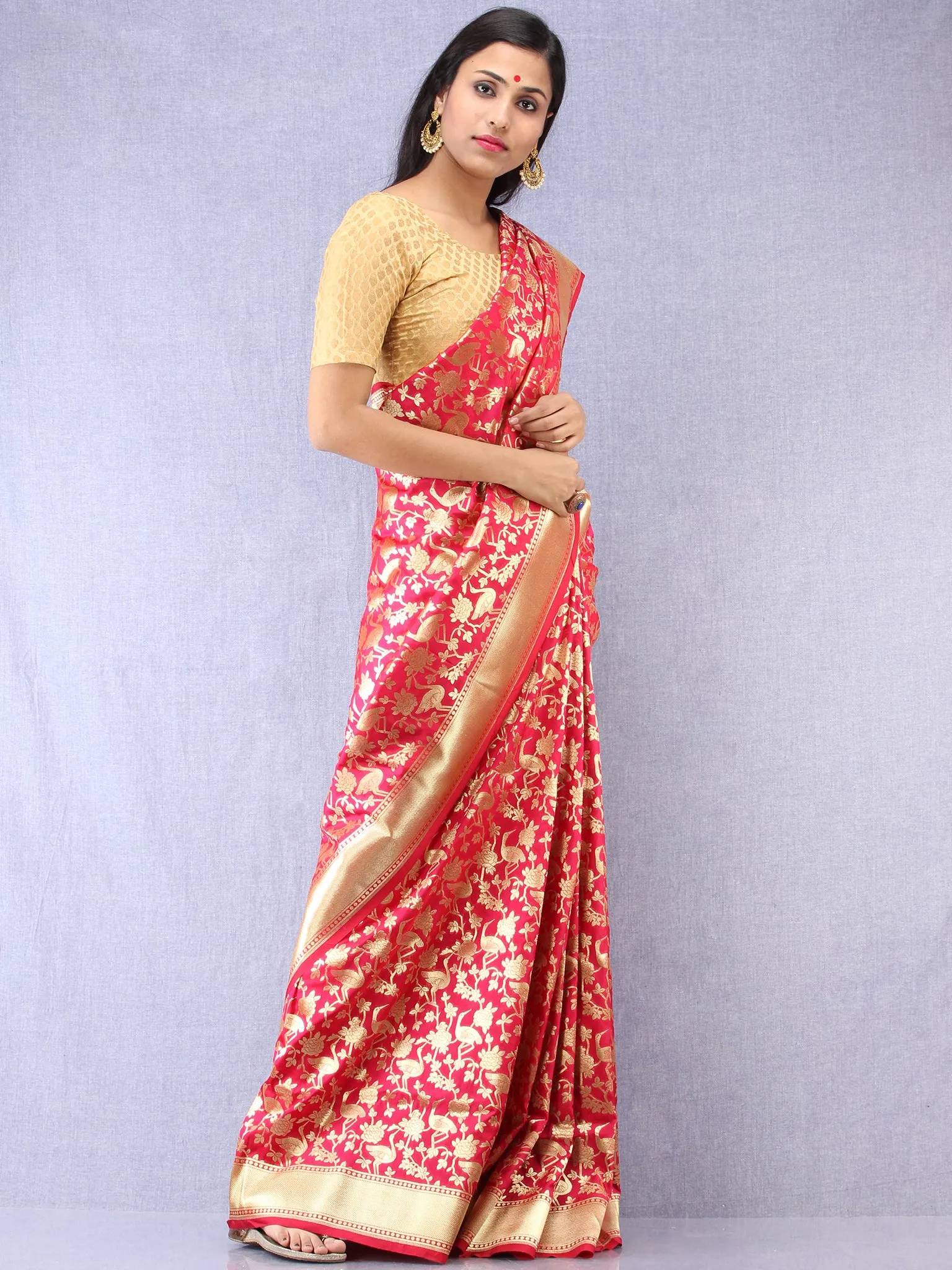 Banarasee Art Silk Saree With Bird Motif - Magenta & Gold- S031704335