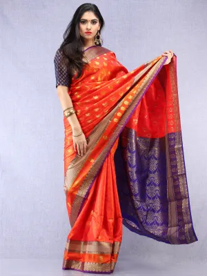 Banarasee Art Silk Saree With Resham Zari Weave - Orange Purple & Gold  - S031704393