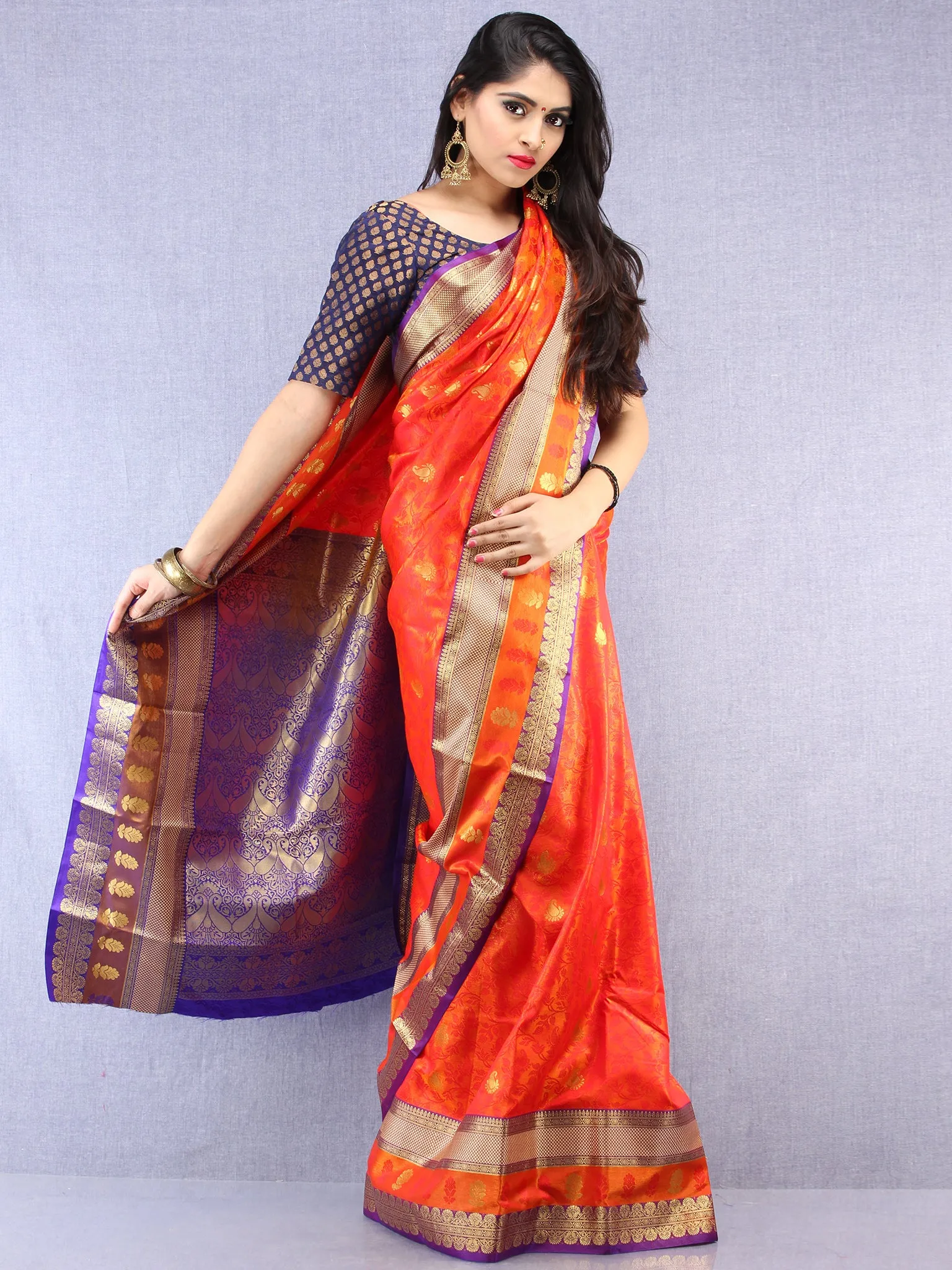 Banarasee Art Silk Saree With Resham Zari Weave - Orange Purple & Gold  - S031704393