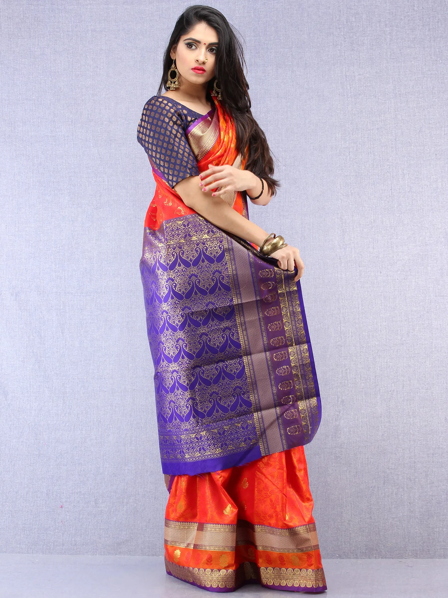 Banarasee Art Silk Saree With Resham Zari Weave - Orange Purple & Gold  - S031704393