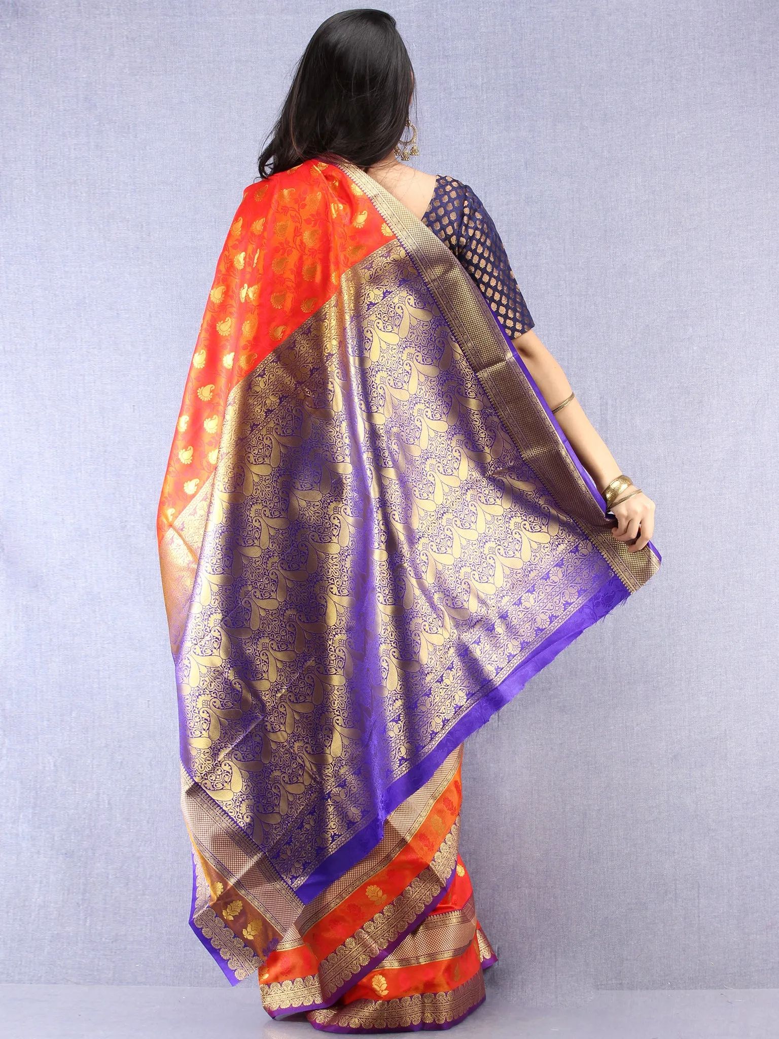 Banarasee Art Silk Saree With Resham Zari Weave - Orange Purple & Gold  - S031704393