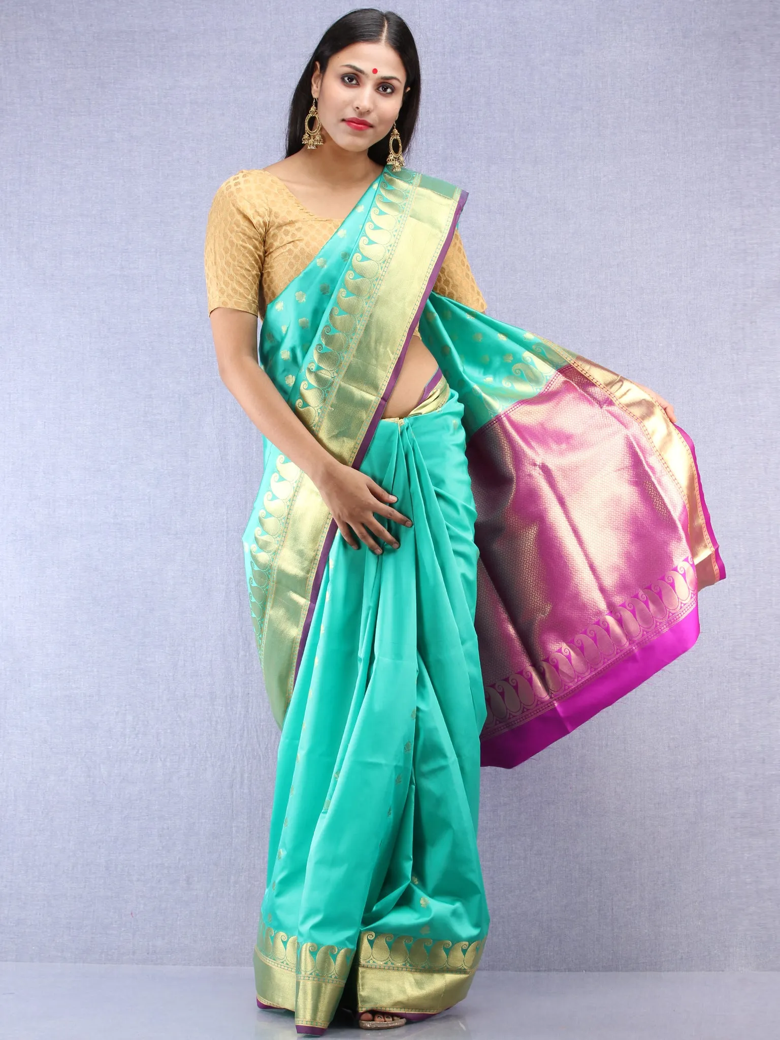 Banarasee Art Silk Saree With Zari Work - Sea Green Purple & Gold - S031704417