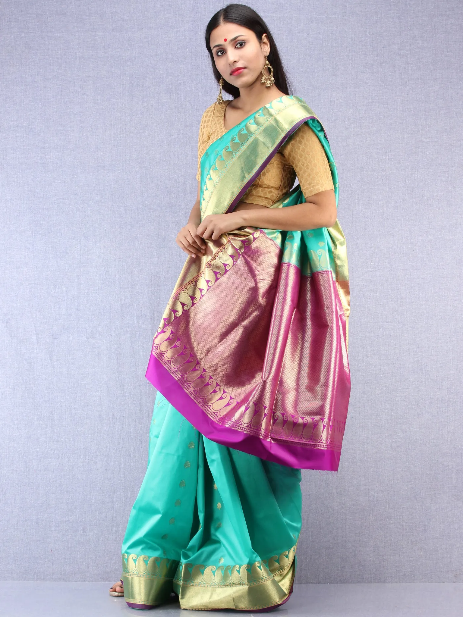 Banarasee Art Silk Saree With Zari Work - Sea Green Purple & Gold - S031704417