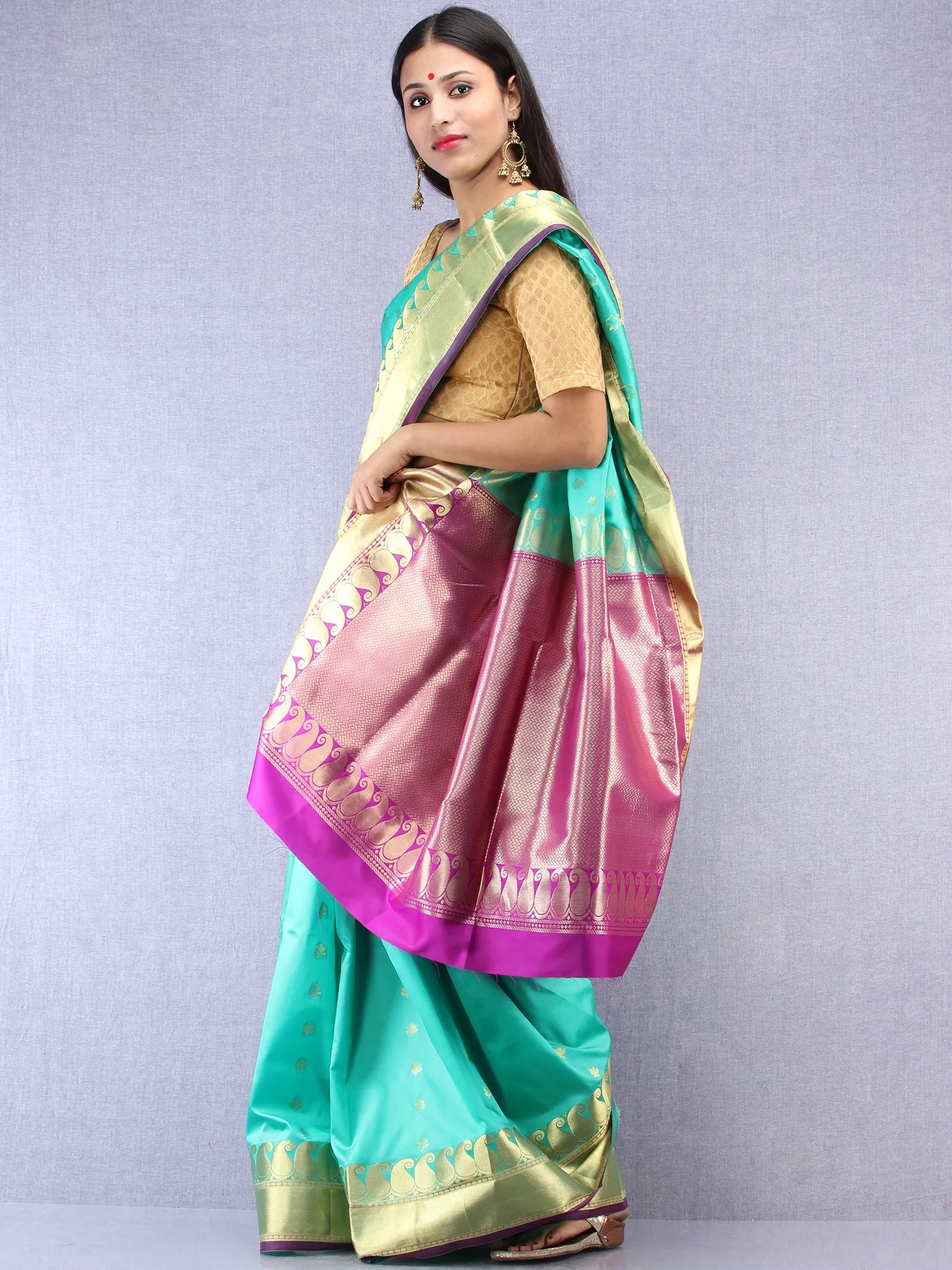 Banarasee Art Silk Saree With Zari Work - Sea Green Purple & Gold - S031704417