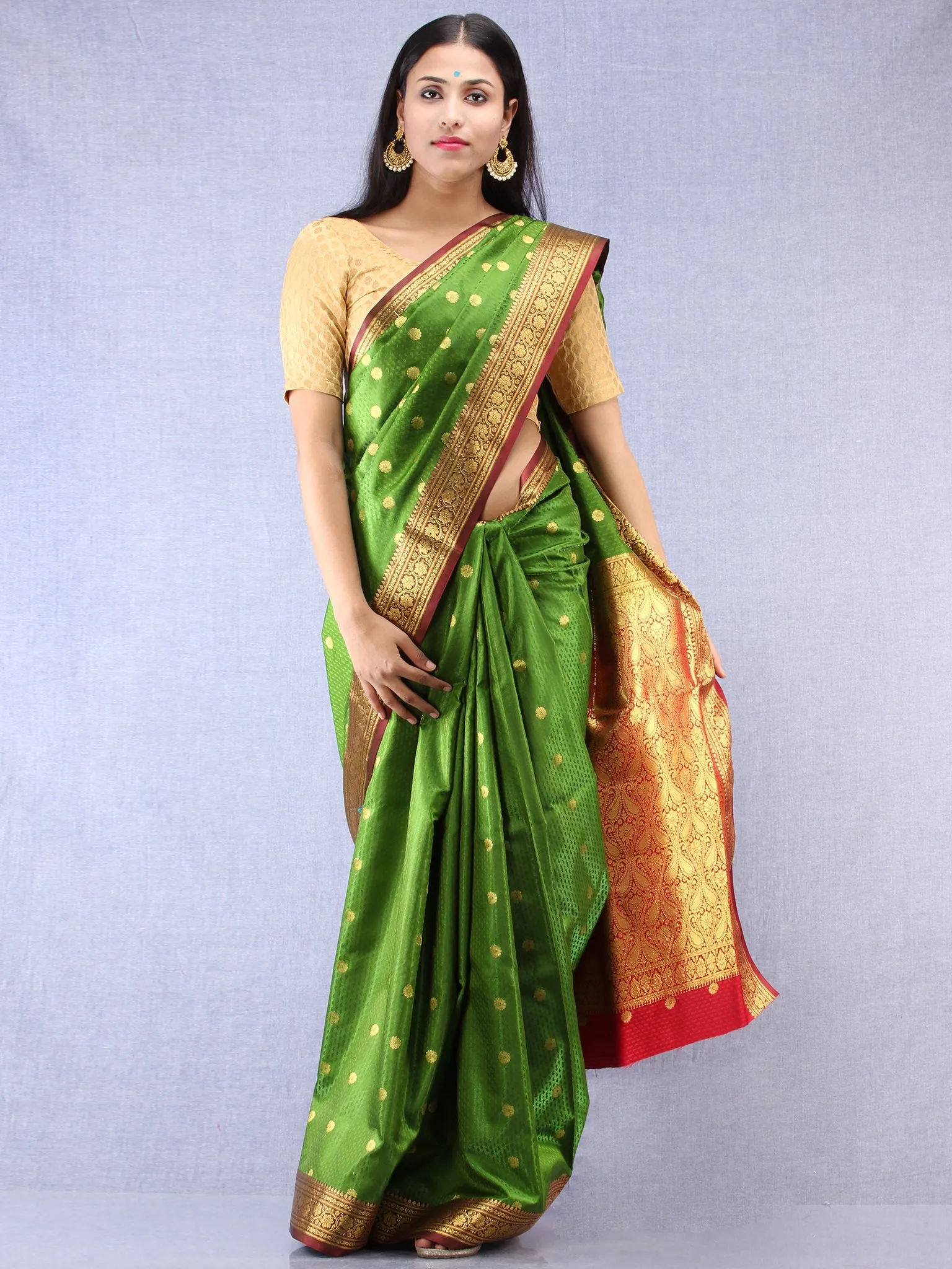 Banarasee Art Silk Self Weave Saree With Zari Work - Green Red & Gold - S031704341