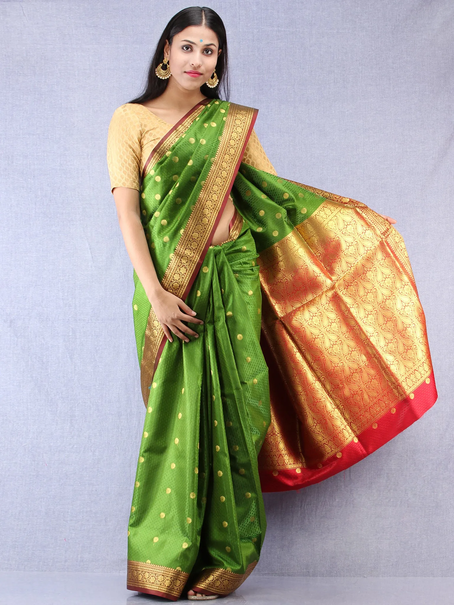 Banarasee Art Silk Self Weave Saree With Zari Work - Green Red & Gold - S031704341