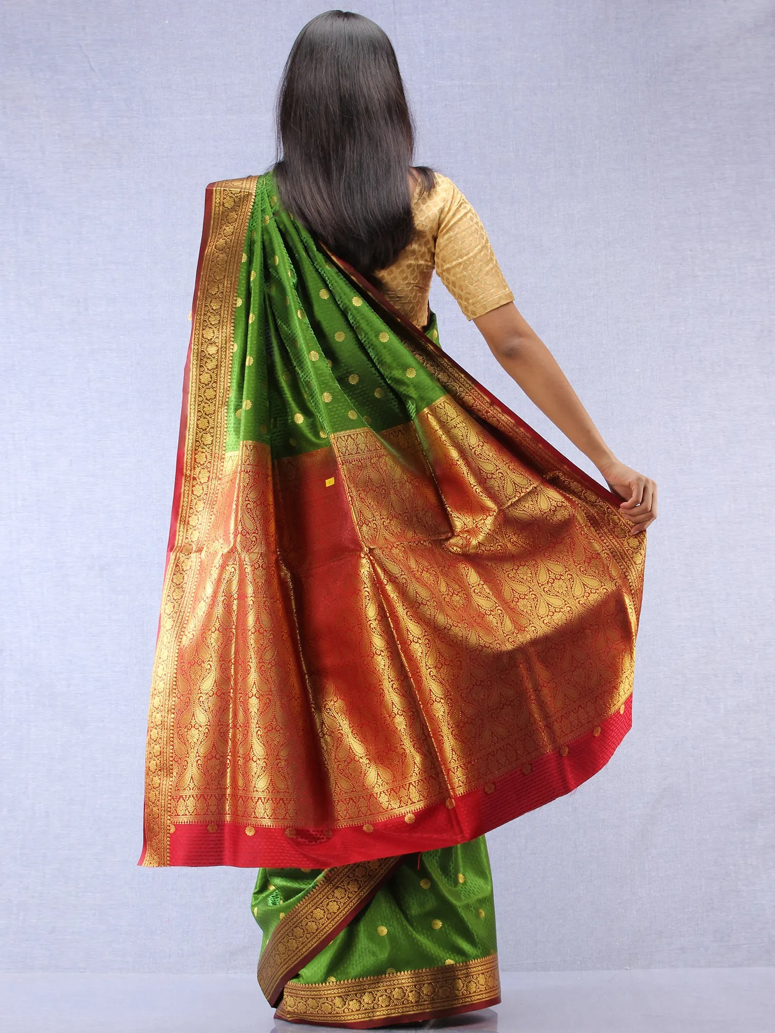 Banarasee Art Silk Self Weave Saree With Zari Work - Green Red & Gold - S031704341