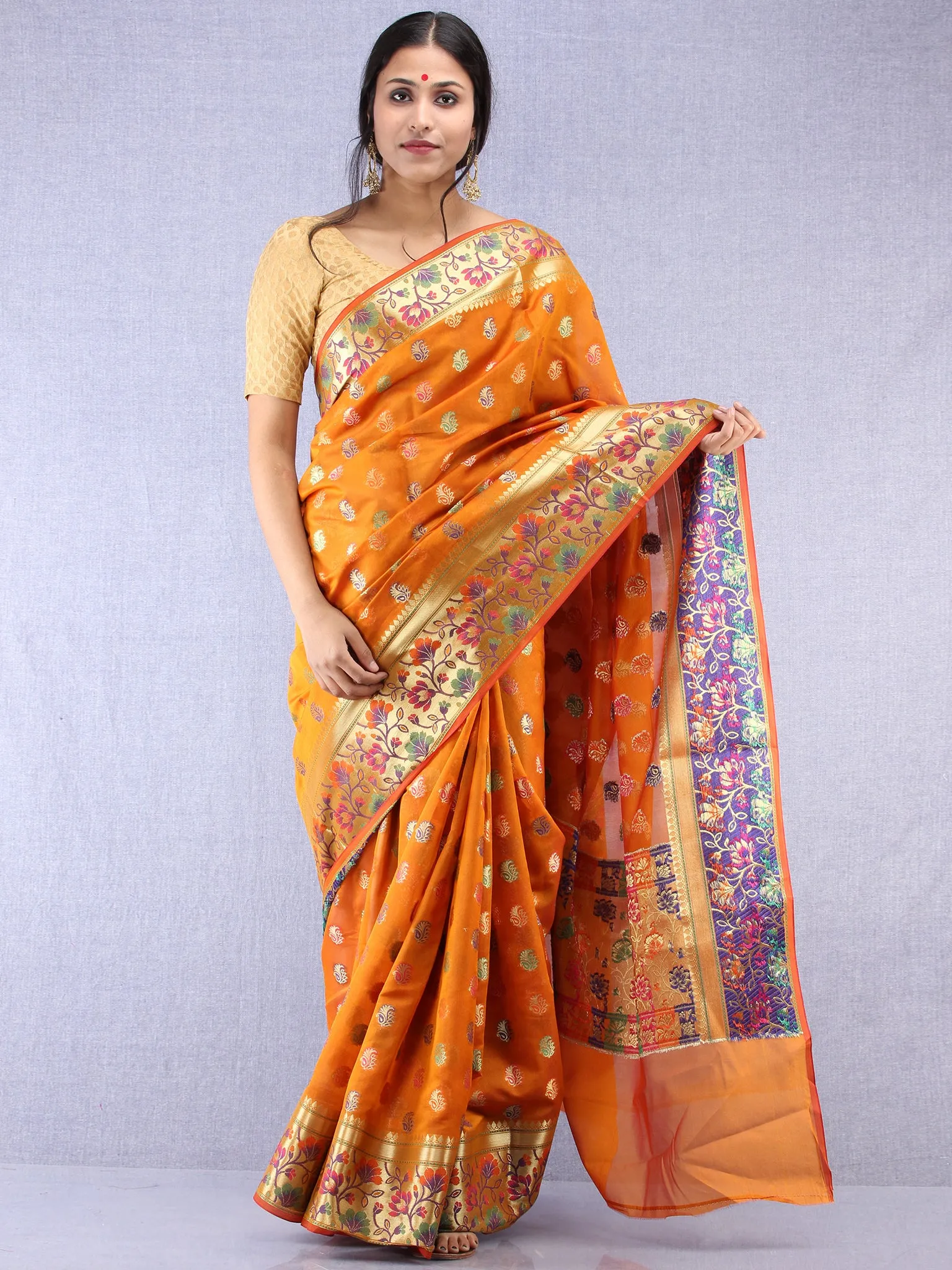 Banarasee Chanderi Saree With Meenakari Work - Orange & Gold - S031704363