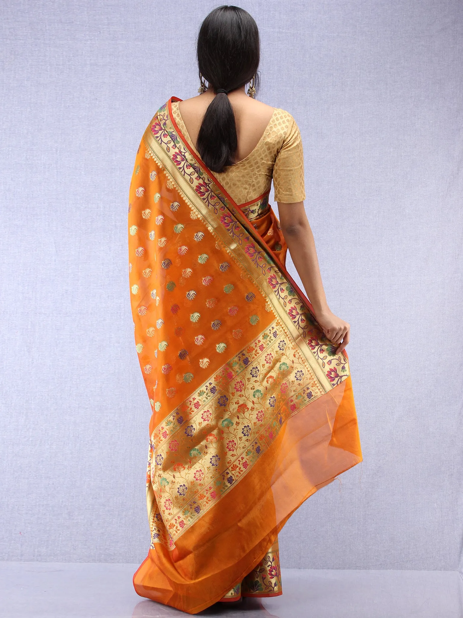 Banarasee Chanderi Saree With Meenakari Work - Orange & Gold - S031704363