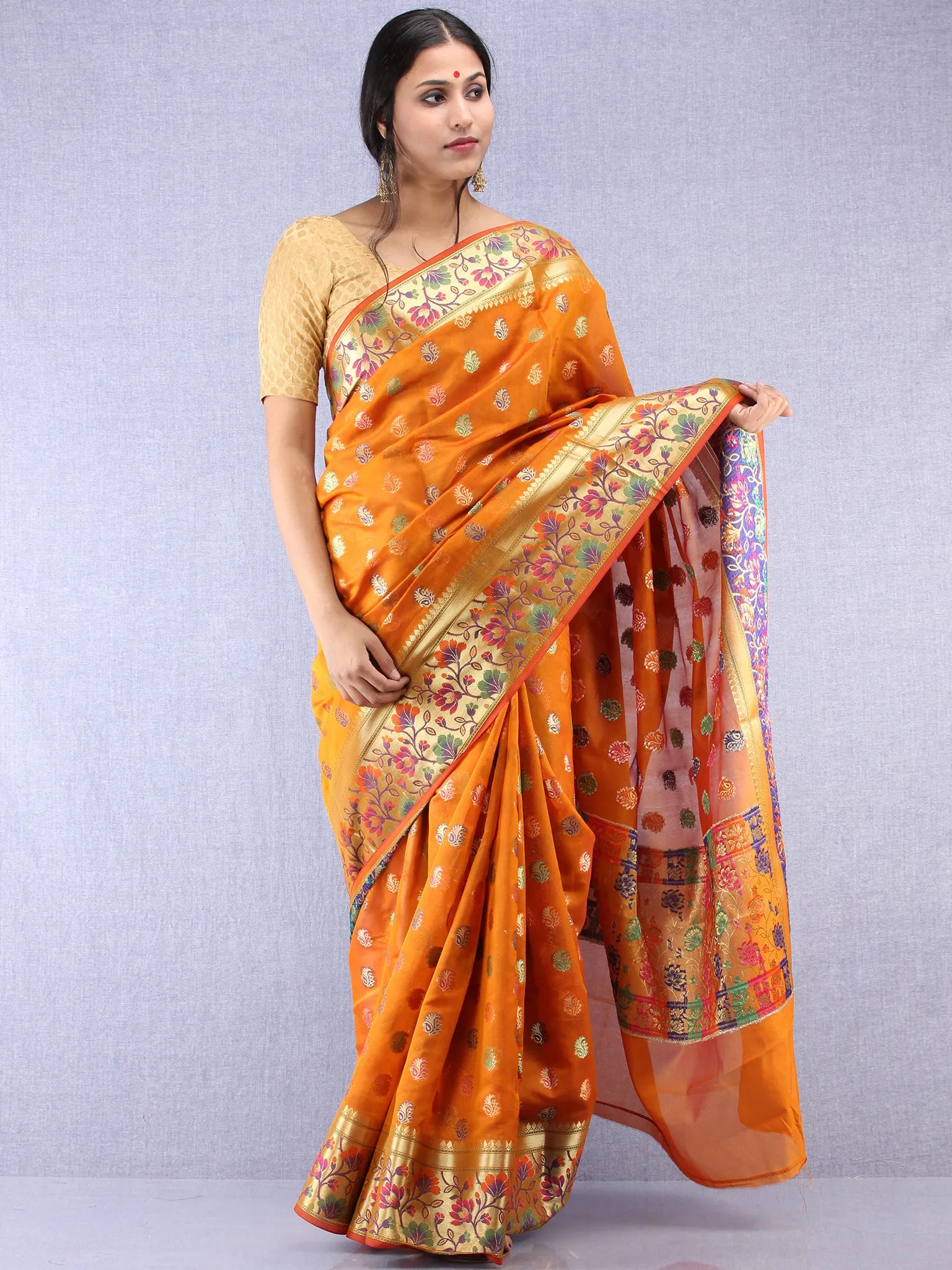 Banarasee Chanderi Saree With Meenakari Work - Orange & Gold - S031704363