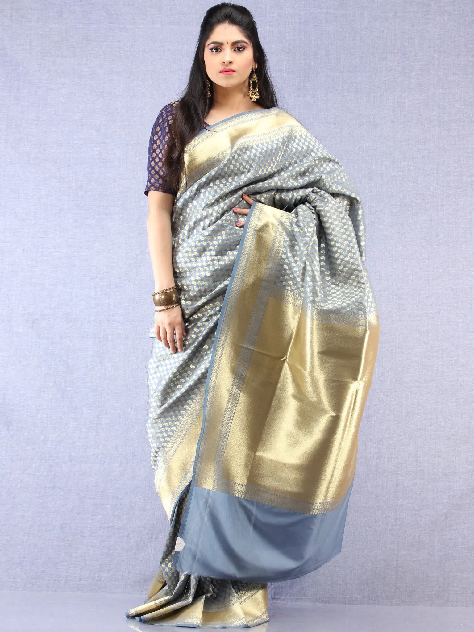 Banarasee Chanderi Silk Paisley Saree With Zari Border - Blue Grey & Gold - S031704332