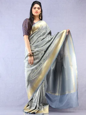 Banarasee Chanderi Silk Paisley Saree With Zari Border - Blue Grey & Gold - S031704332