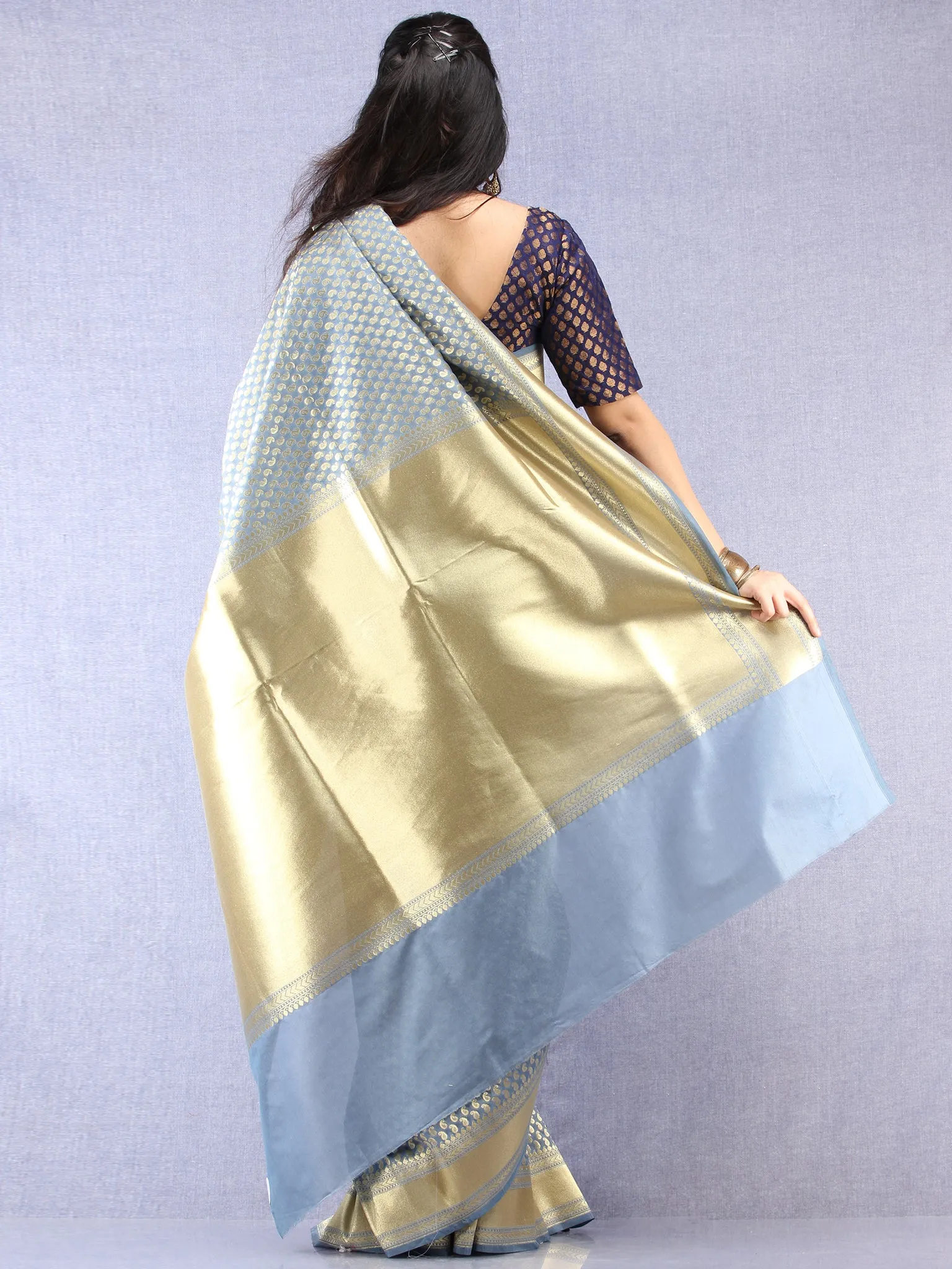 Banarasee Chanderi Silk Paisley Saree With Zari Border - Blue Grey & Gold - S031704332