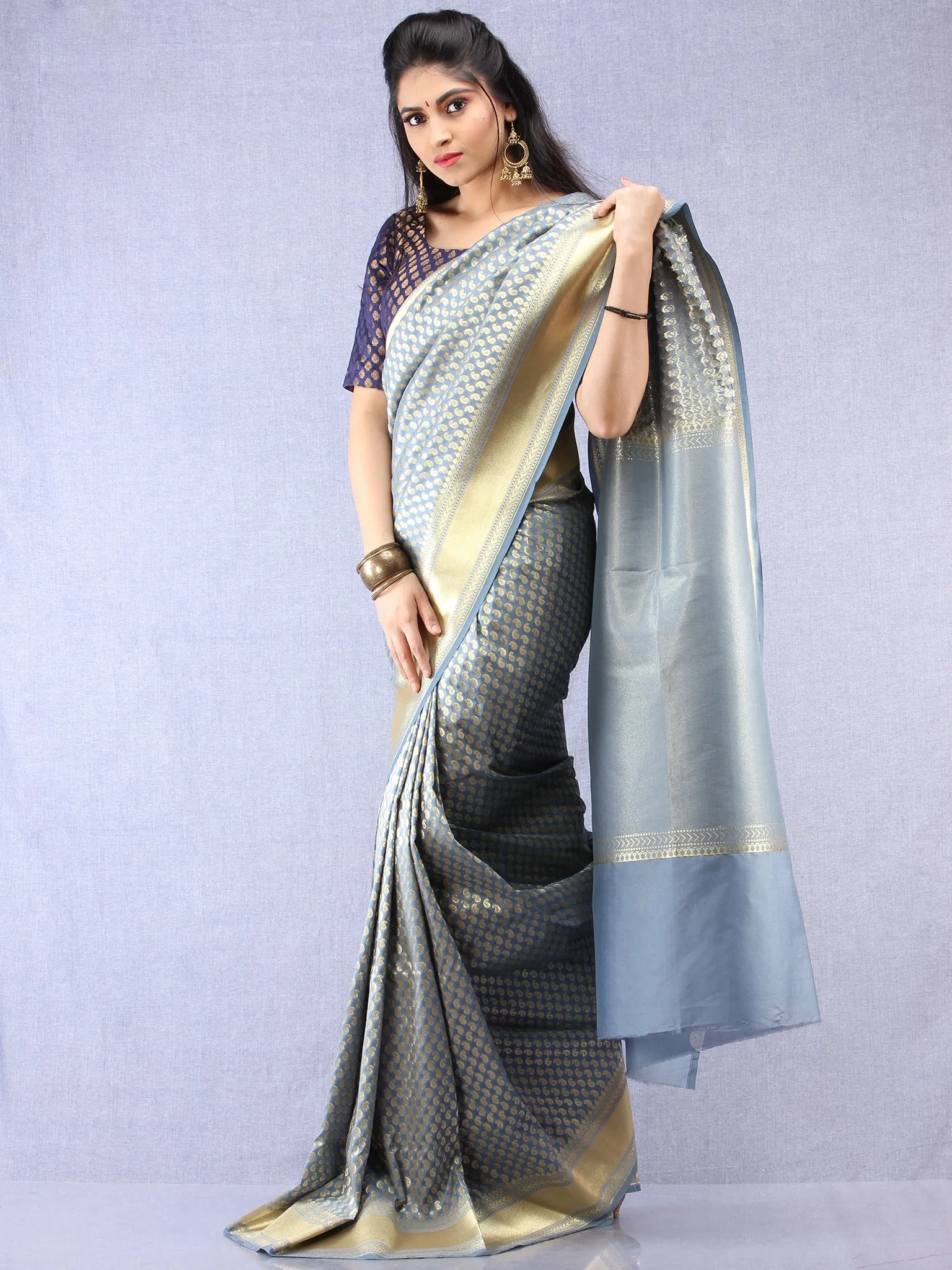 Banarasee Chanderi Silk Paisley Saree With Zari Border - Blue Grey & Gold - S031704332