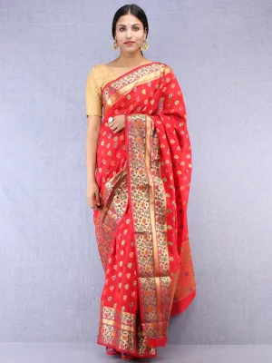 Banarasee Chanderi Silk Saree With Meenakari Work - Red & Gold - S031704428