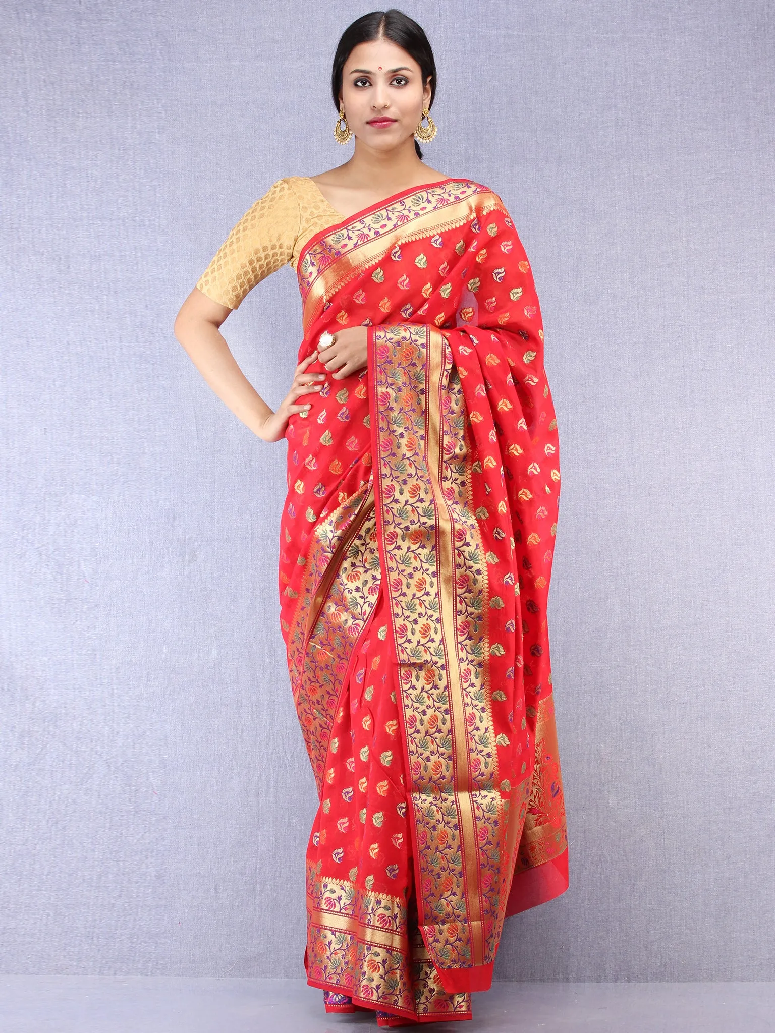 Banarasee Chanderi Silk Saree With Meenakari Work - Red & Gold - S031704428