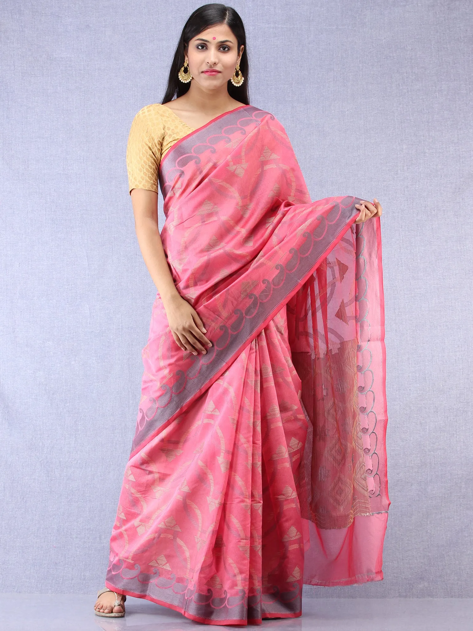 Banarasee Chanderi Silk Saree With Resham Work - Pink Grey Beige - S031704307