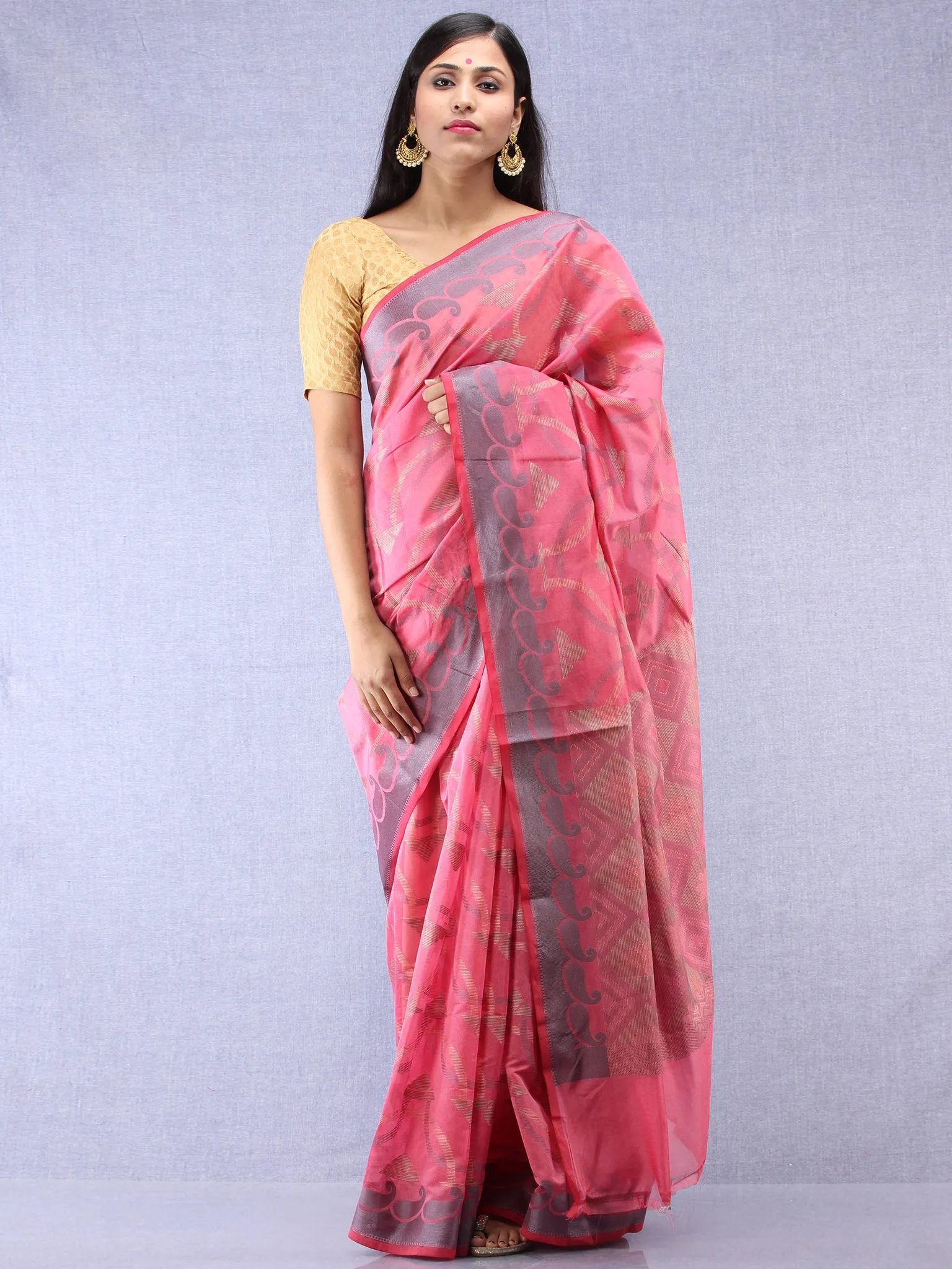 Banarasee Chanderi Silk Saree With Resham Work - Pink Grey Beige - S031704307