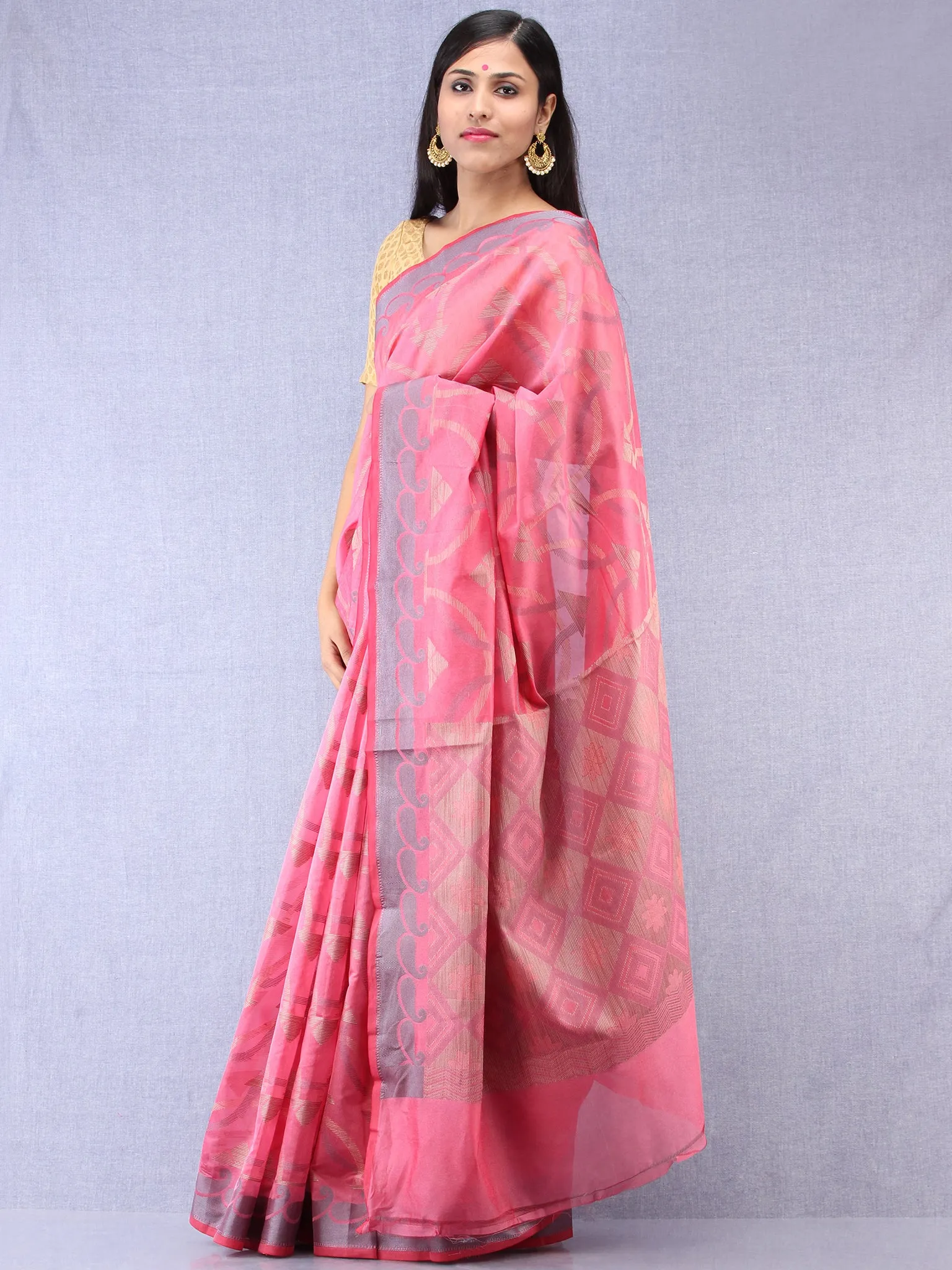 Banarasee Chanderi Silk Saree With Resham Work - Pink Grey Beige - S031704307