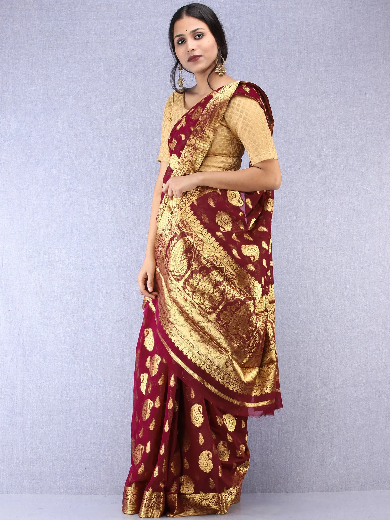 Banarasee Chiffon Saree With Golden Zari Weave - Wine & Gold - S031704358