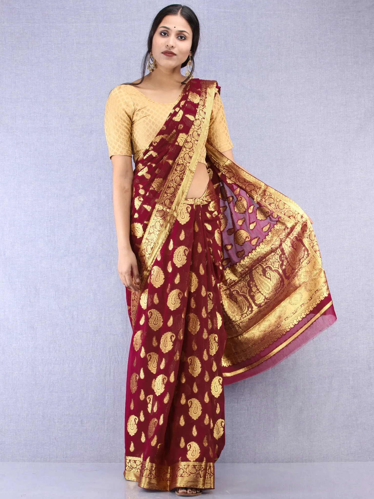 Banarasee Chiffon Saree With Golden Zari Weave - Wine & Gold - S031704358