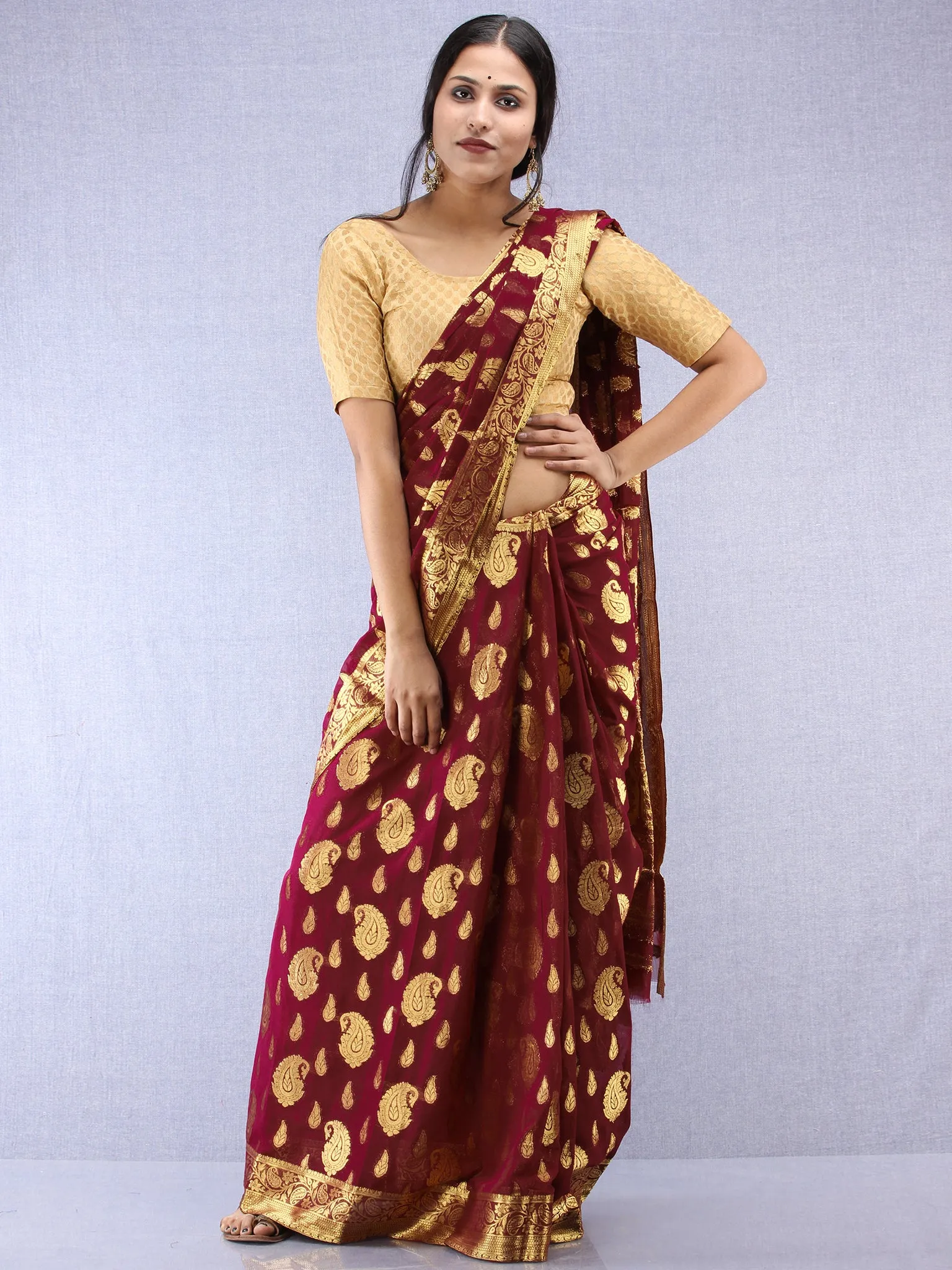 Banarasee Chiffon Saree With Golden Zari Weave - Wine & Gold - S031704358