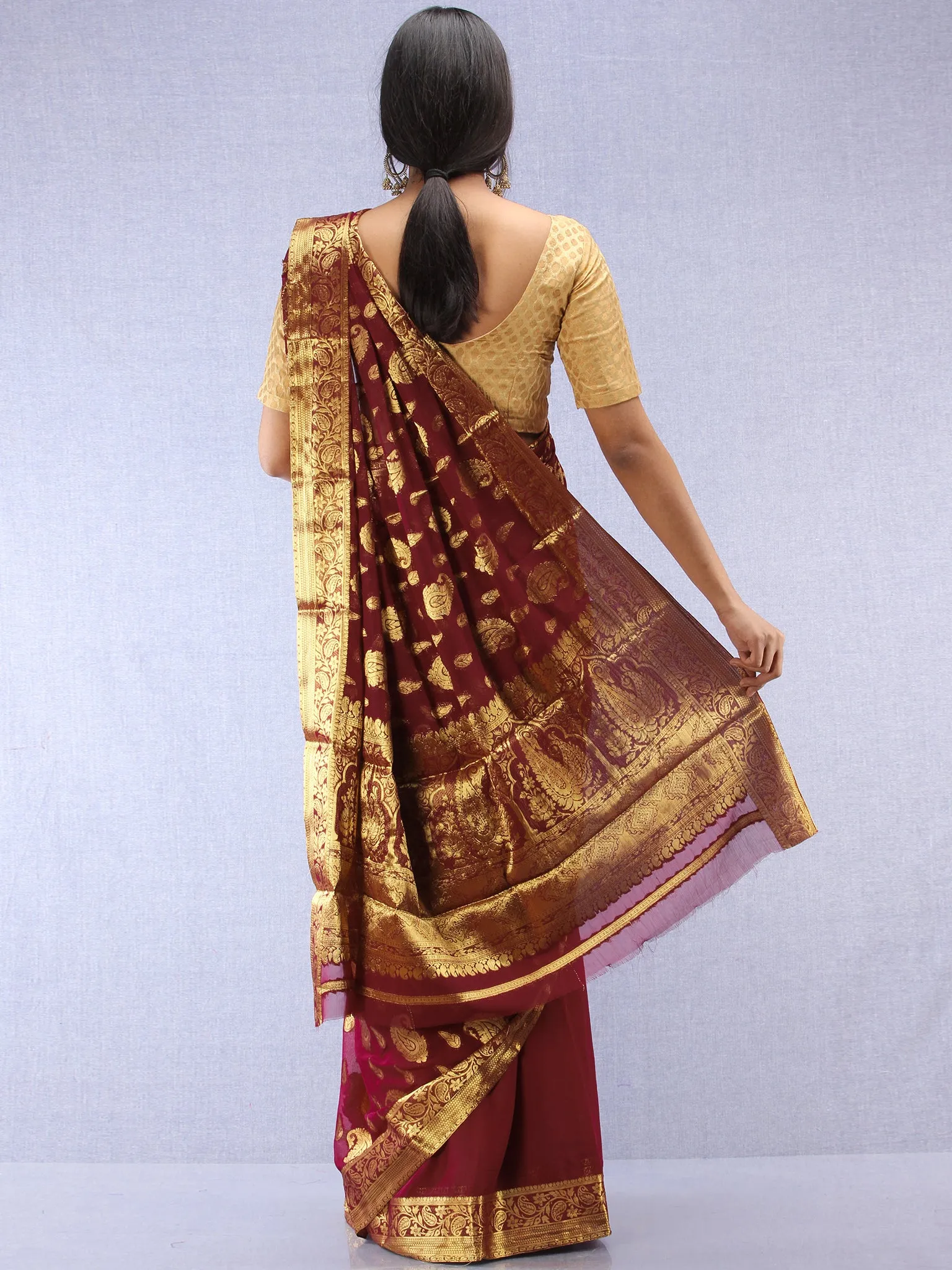 Banarasee Chiffon Saree With Golden Zari Weave - Wine & Gold - S031704358