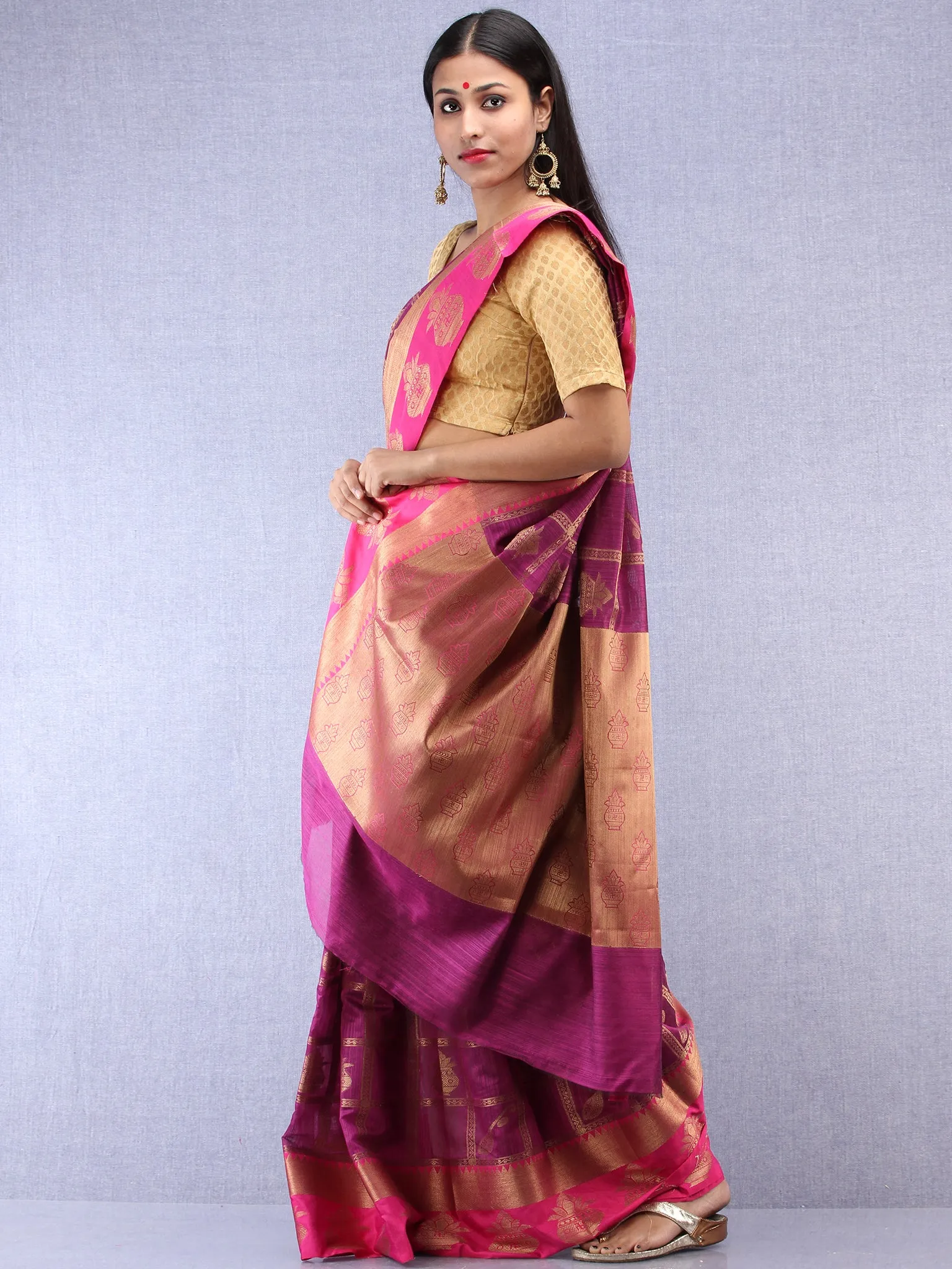 Banarasee Cotton Silk Saree With Zari Work - Onion Pink & Gold - S031704405