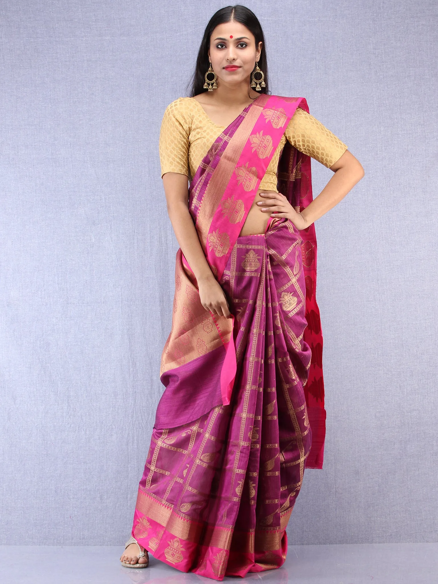 Banarasee Cotton Silk Saree With Zari Work - Onion Pink & Gold - S031704405