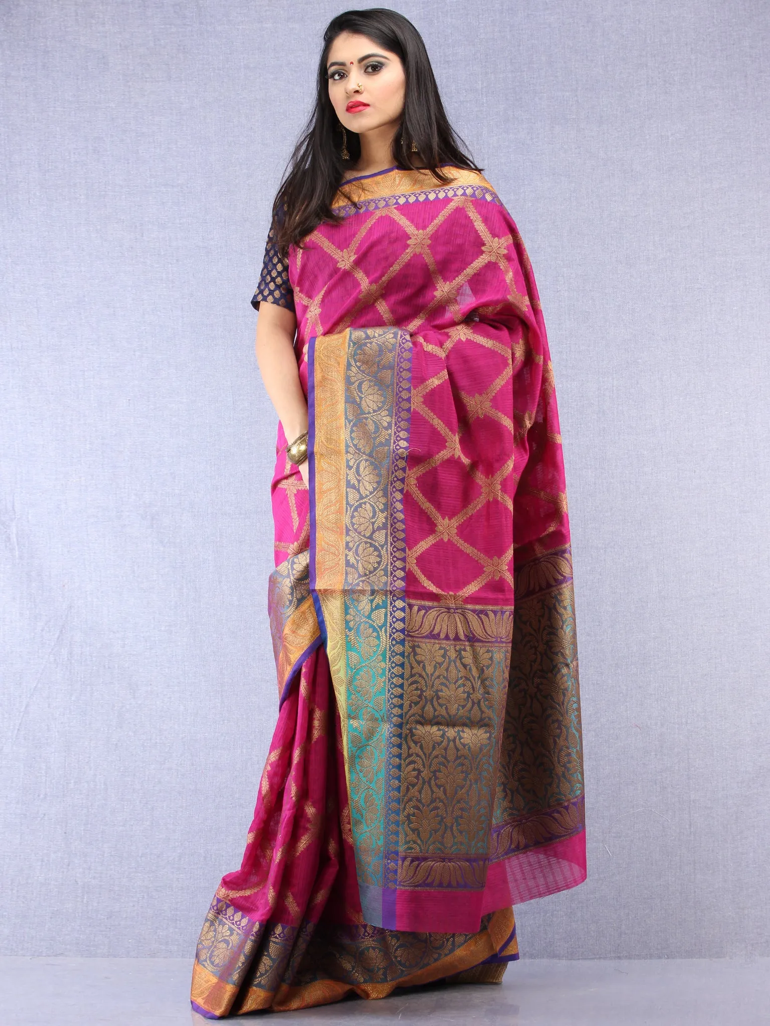 Banarasee Cotton Silk Saree With Zari Work - Onion Pink Orange & Copper - S031704439