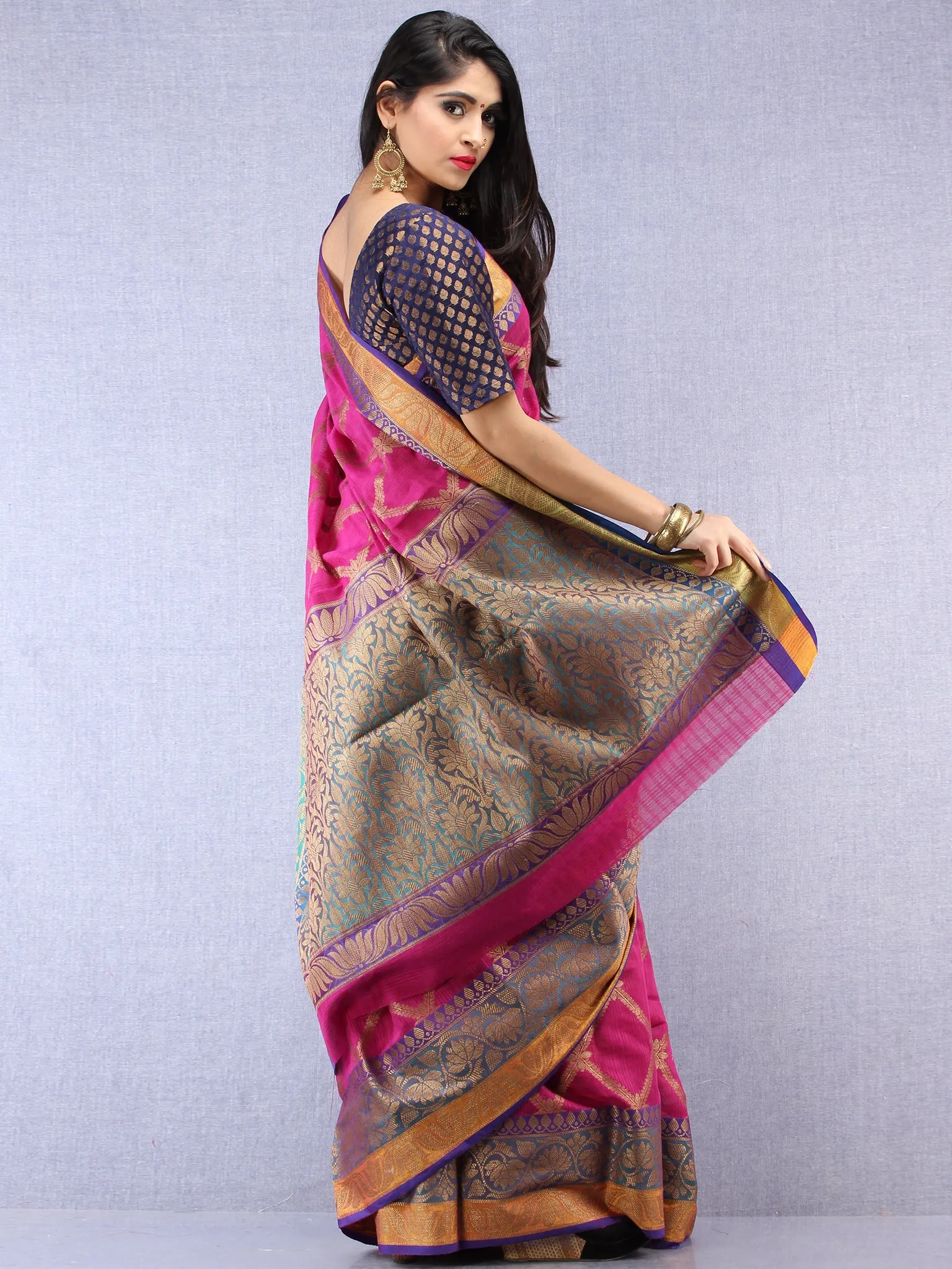 Banarasee Cotton Silk Saree With Zari Work - Onion Pink Orange & Copper - S031704439