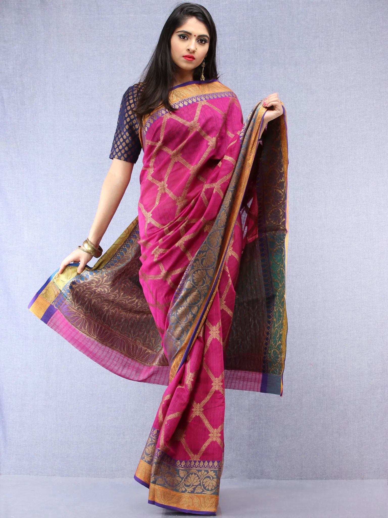 Banarasee Cotton Silk Saree With Zari Work - Onion Pink Orange & Copper - S031704439