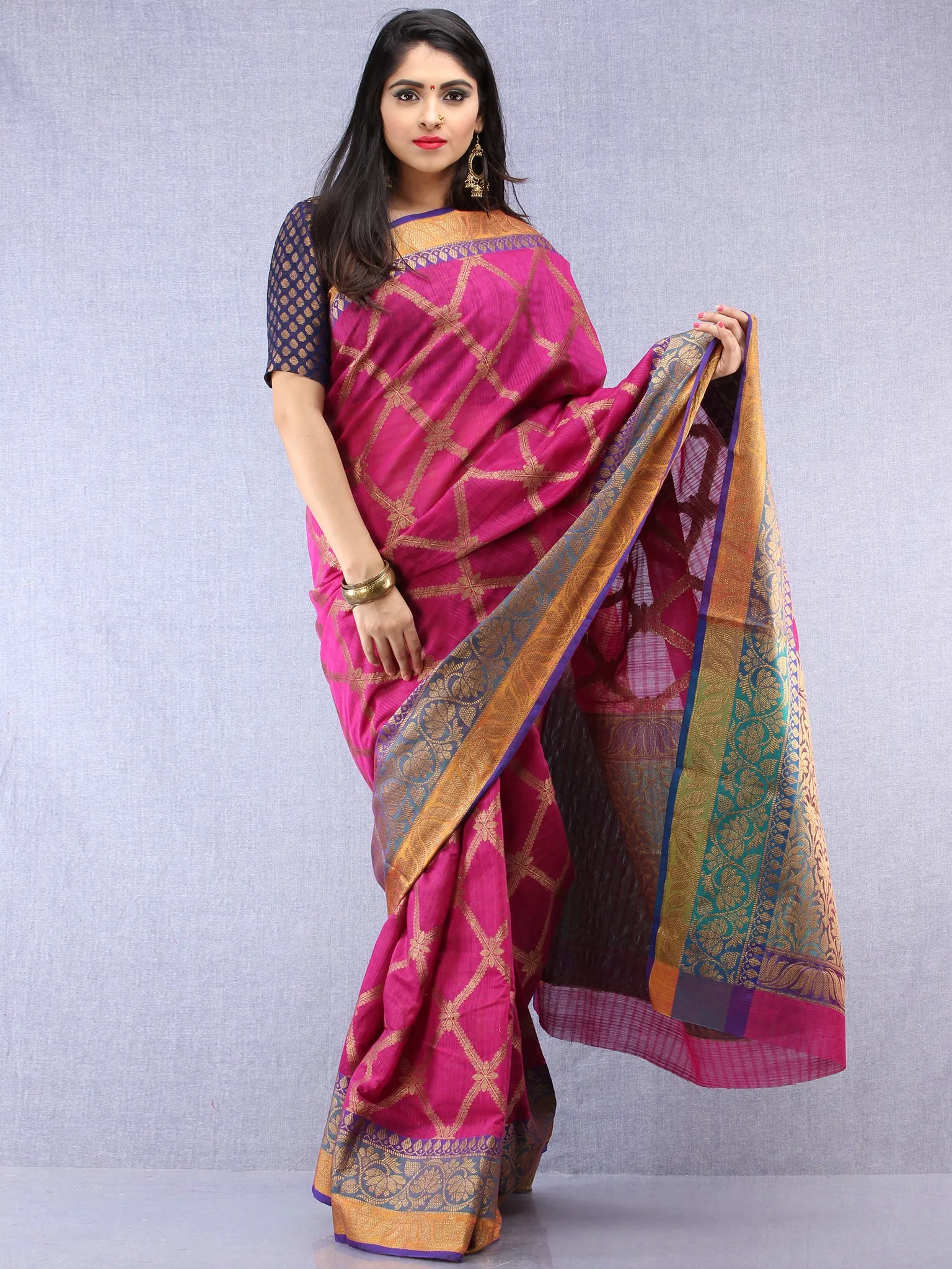 Banarasee Cotton Silk Saree With Zari Work - Onion Pink Orange & Copper - S031704439