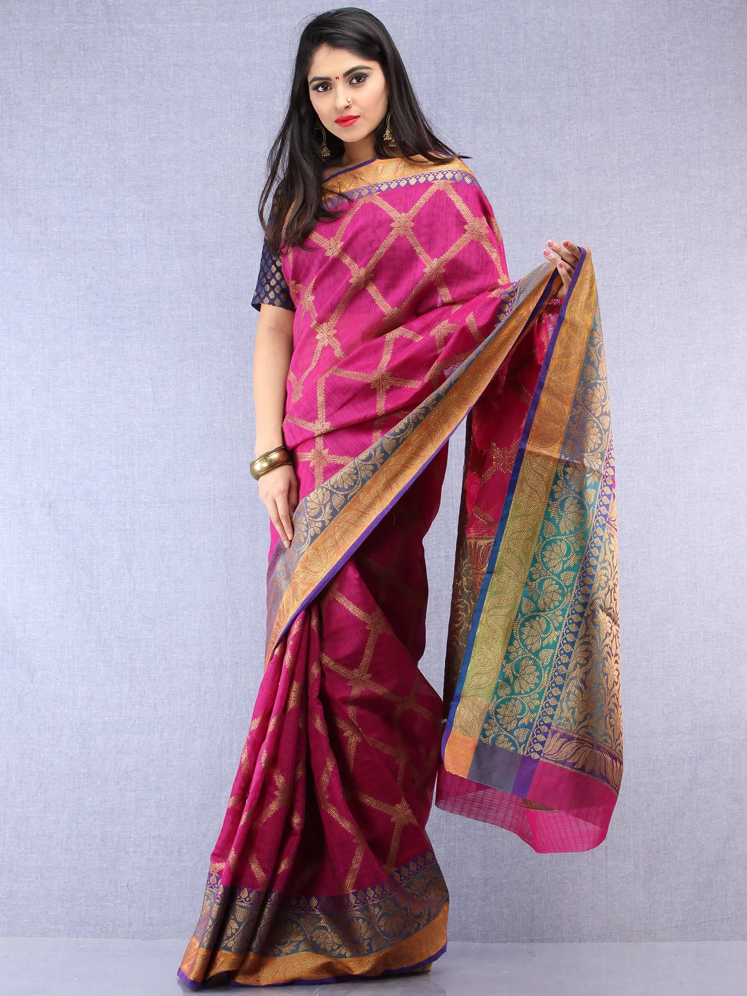 Banarasee Cotton Silk Saree With Zari Work - Onion Pink Orange & Copper - S031704439