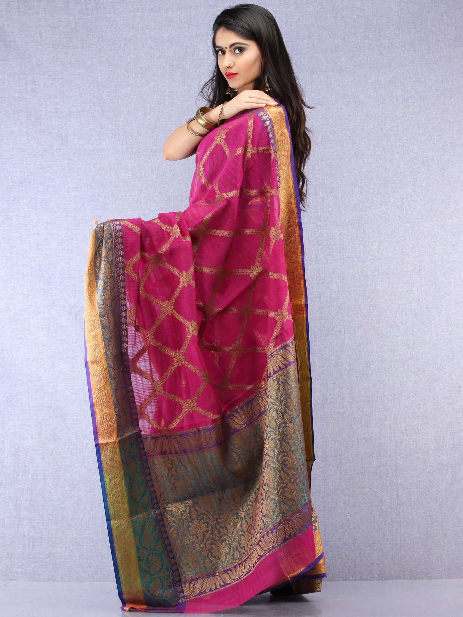 Banarasee Cotton Silk Saree With Zari Work - Onion Pink Orange & Copper - S031704439