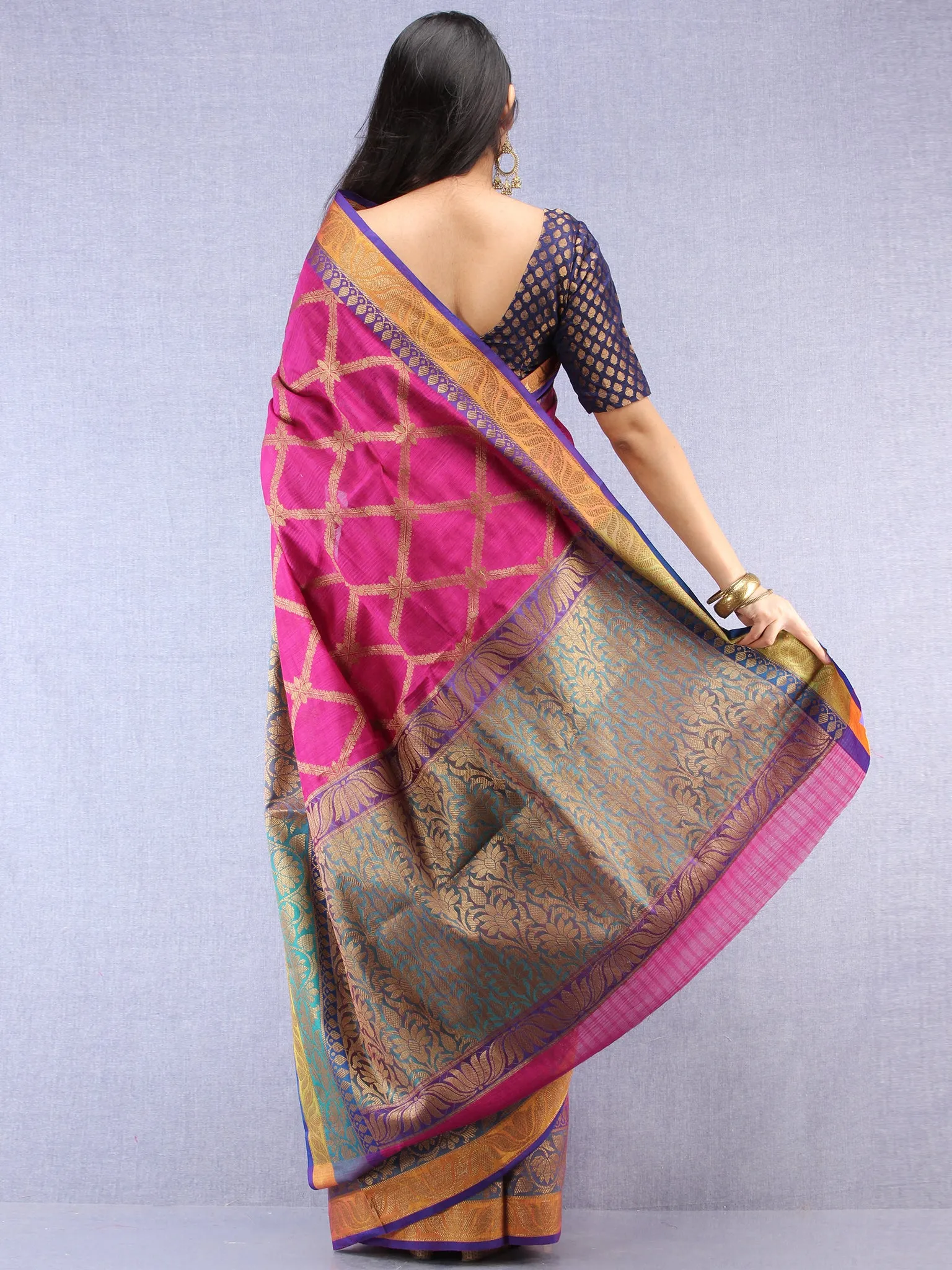 Banarasee Cotton Silk Saree With Zari Work - Onion Pink Orange & Copper - S031704439