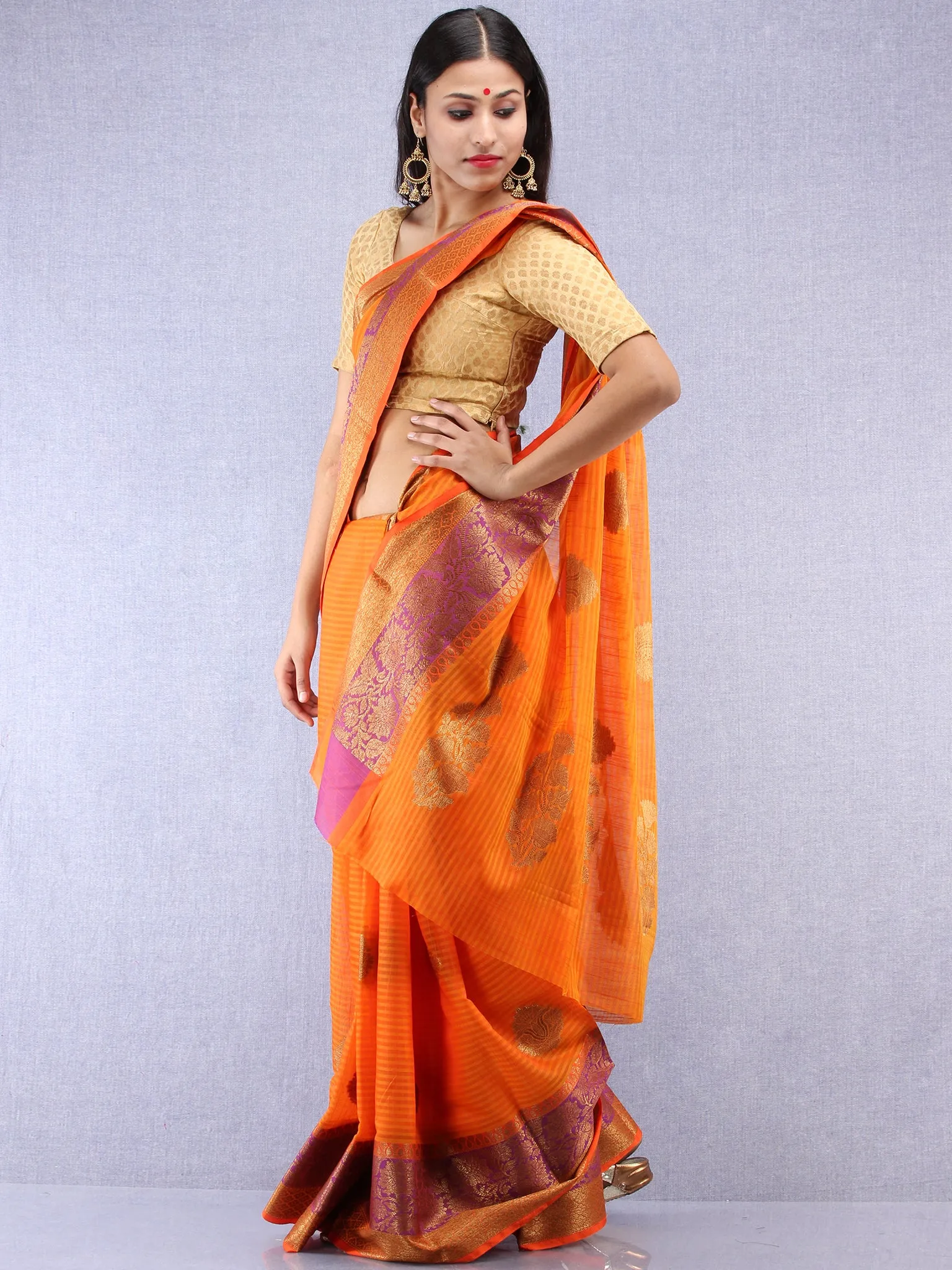 Banarasee Cotton Silk Saree With Zari Work - Orange Purple & Gold - S031704420