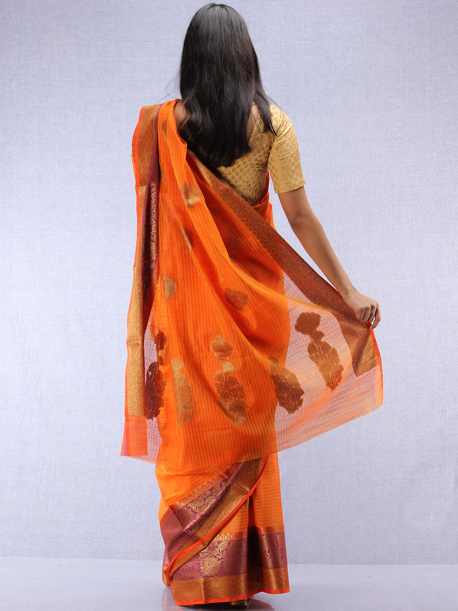 Banarasee Cotton Silk Saree With Zari Work - Orange Purple & Gold - S031704420