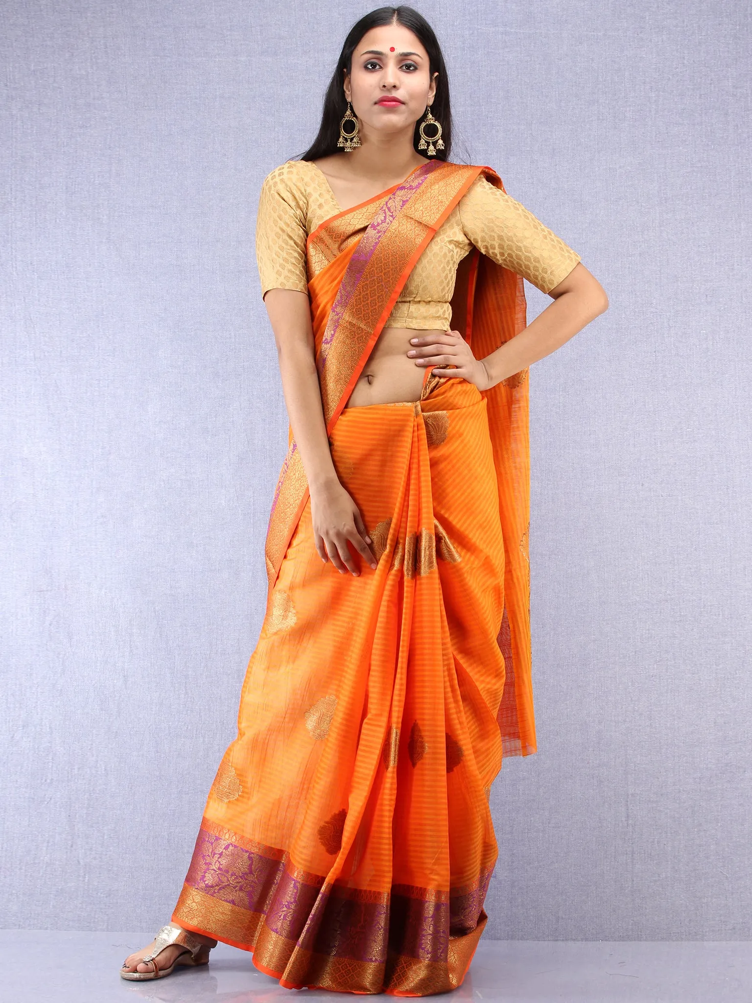 Banarasee Cotton Silk Saree With Zari Work - Orange Purple & Gold - S031704420