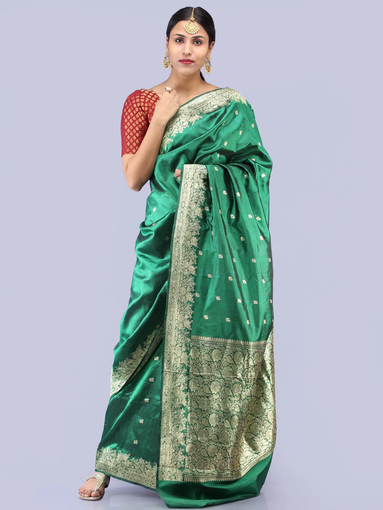 Banarasee Pure Katan Silk Handloom Saree With Zari Work - Green & Gold - S031704288