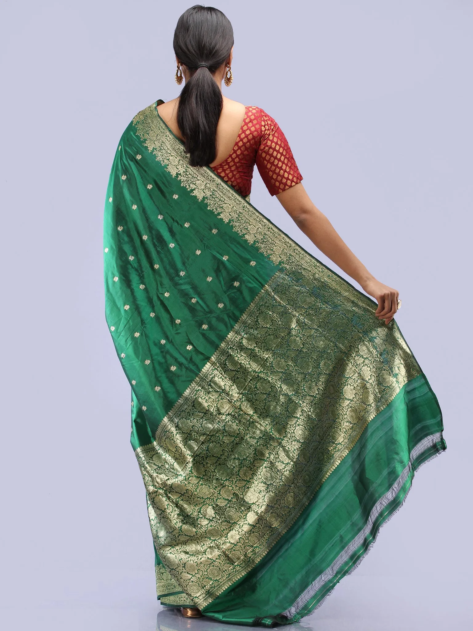 Banarasee Pure Katan Silk Handloom Saree With Zari Work - Green & Gold - S031704288