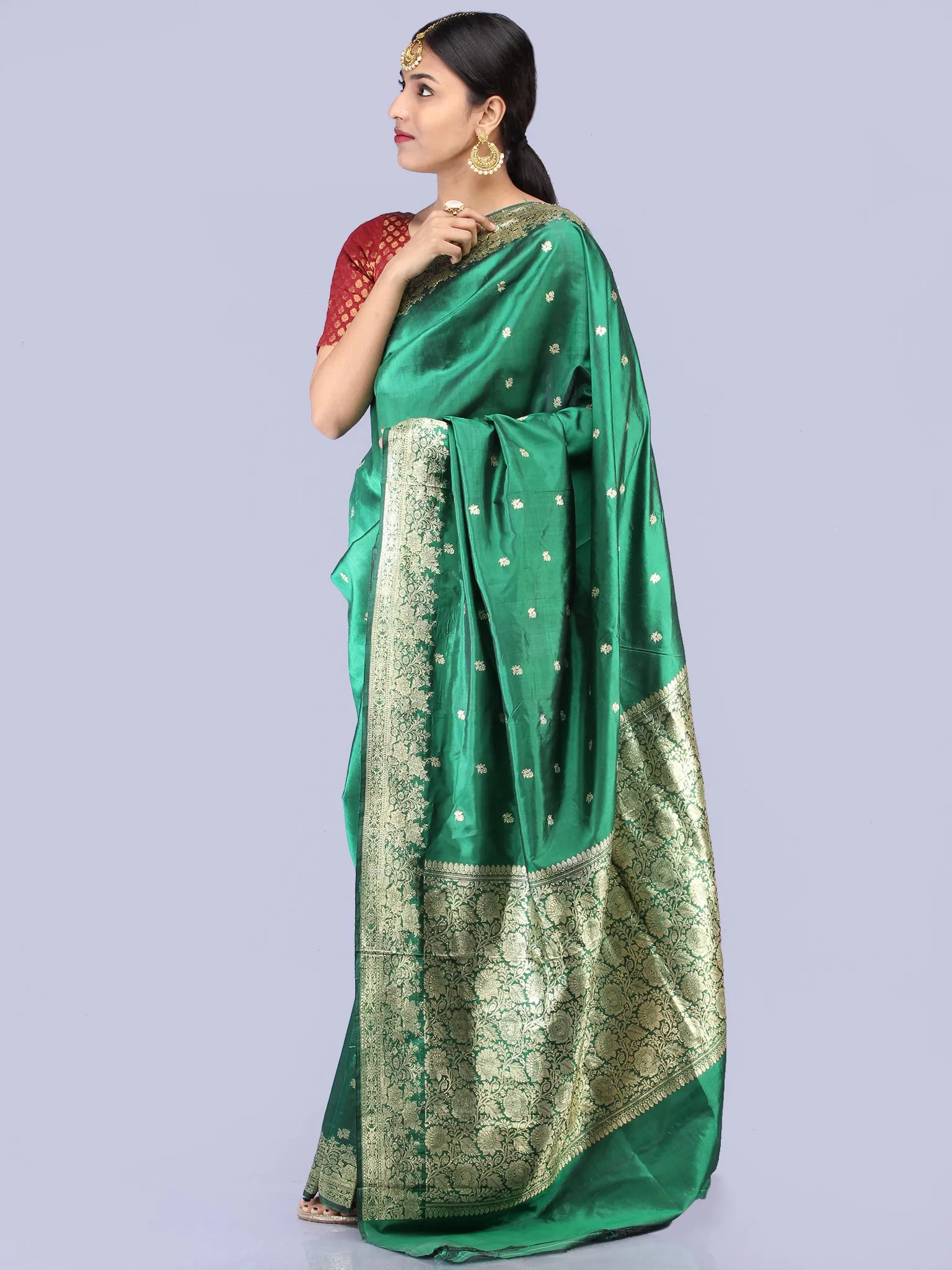 Banarasee Pure Katan Silk Handloom Saree With Zari Work - Green & Gold - S031704288