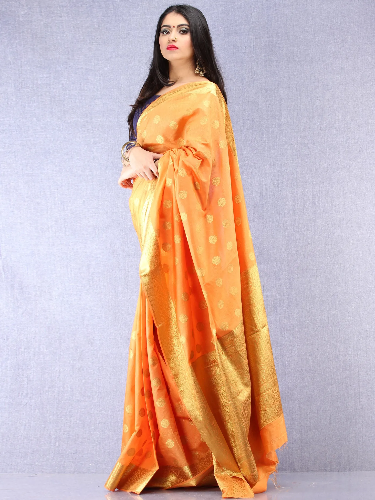 Banarasee Semi Silk Saree With  Golden Zari Work -  Light Orange Golden  - S031704394