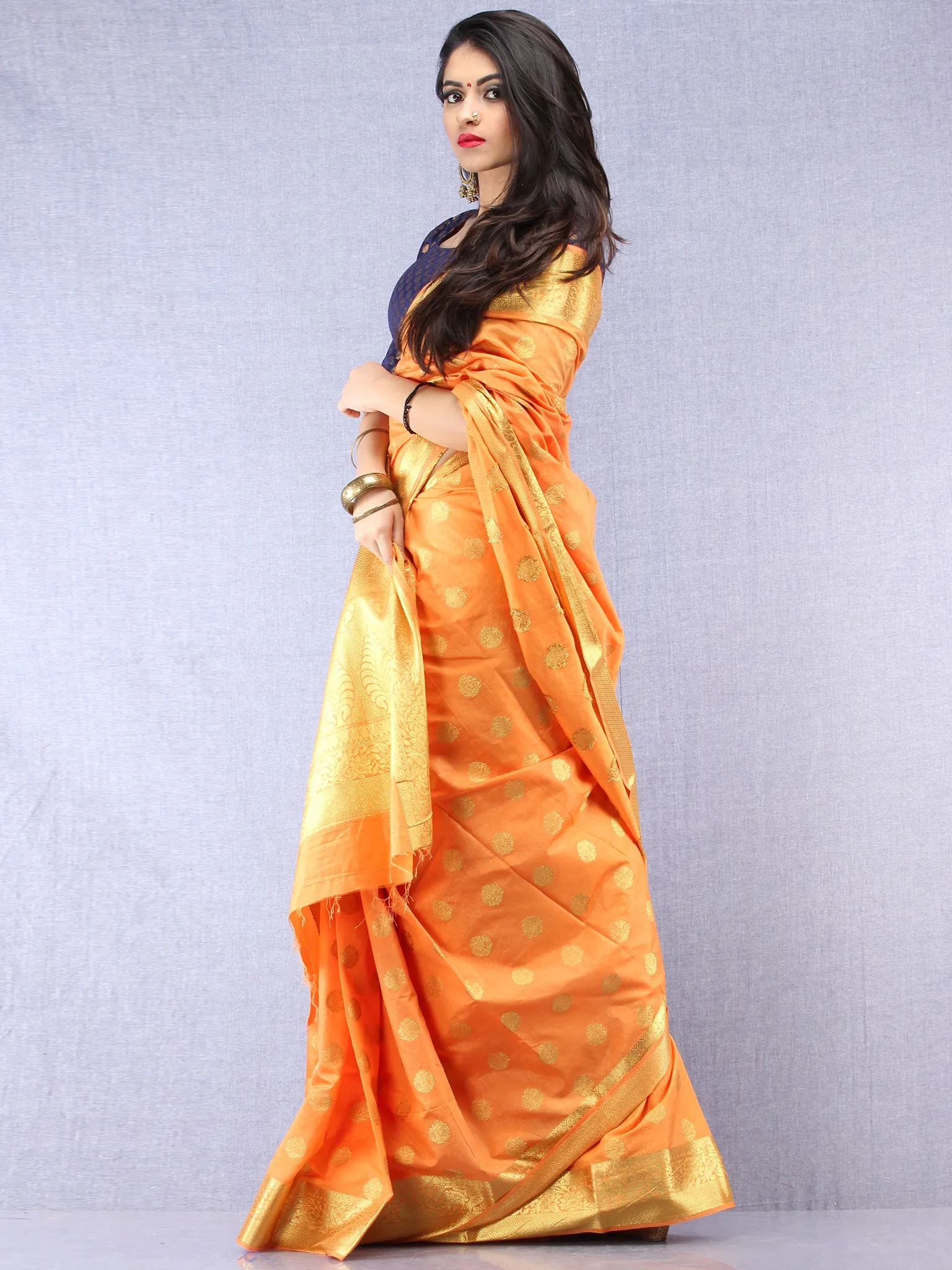 Banarasee Semi Silk Saree With  Golden Zari Work -  Light Orange Golden  - S031704394